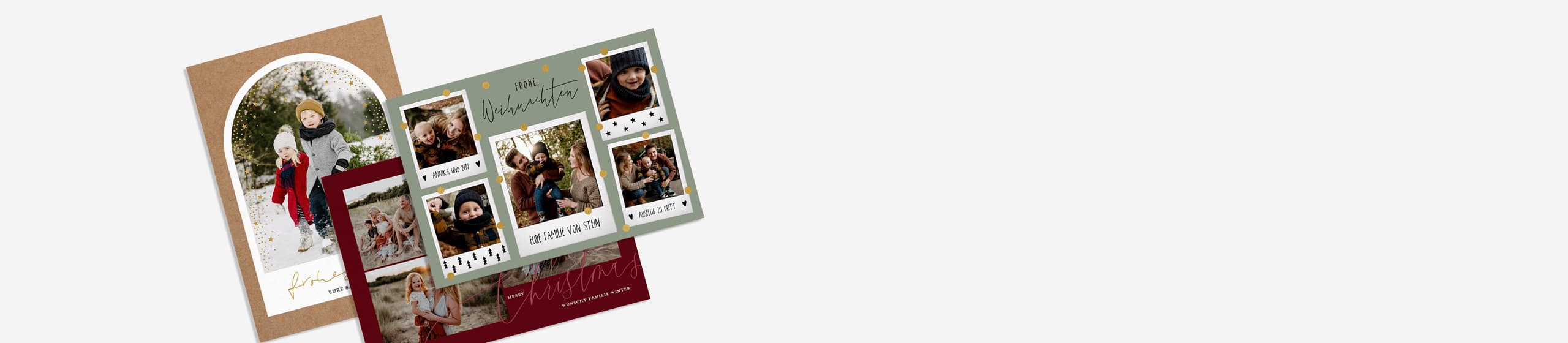 Drei verschiedene Weihnachtskarten mit Fotos