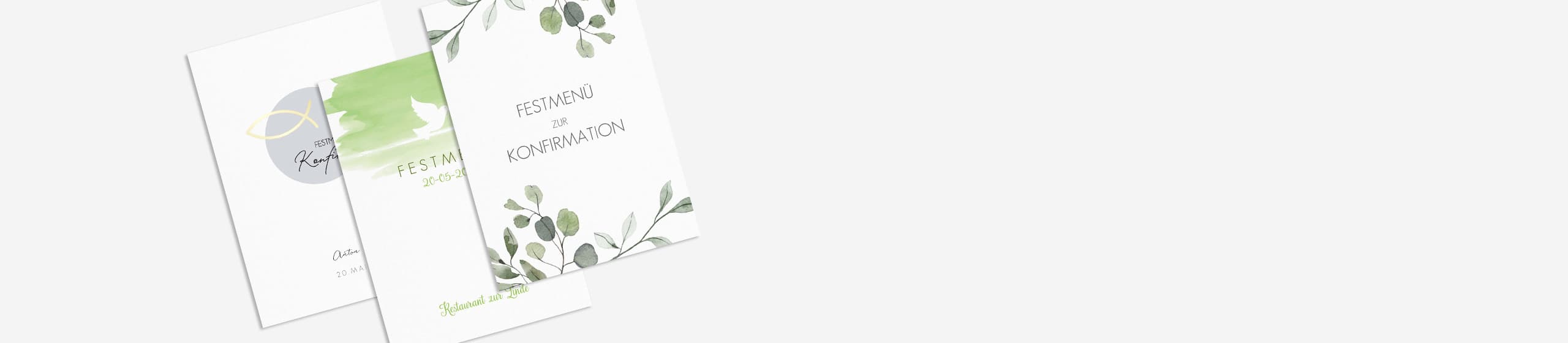 3 Menükarten zur Konfirmation in unterschiedlichen Designs