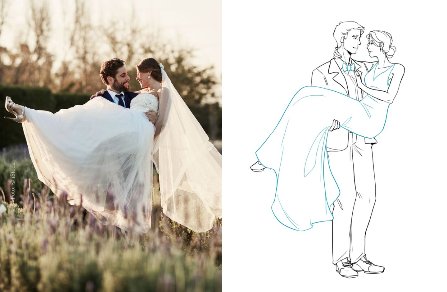 Collage Foto/Zeichnung: Bräutigam hebt seine Braut hoch