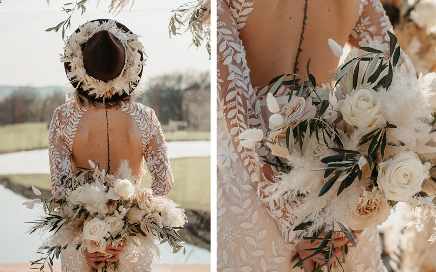 Die Braut ist von Hinten zu sehen, der ausschnitt des Kleides kommt so zur Geltung. Sie trägt einen dunkelbaruenen Hut aus Filz mit Pampasgras geschmückt und einen Brautstrauß in Beige, Grün.