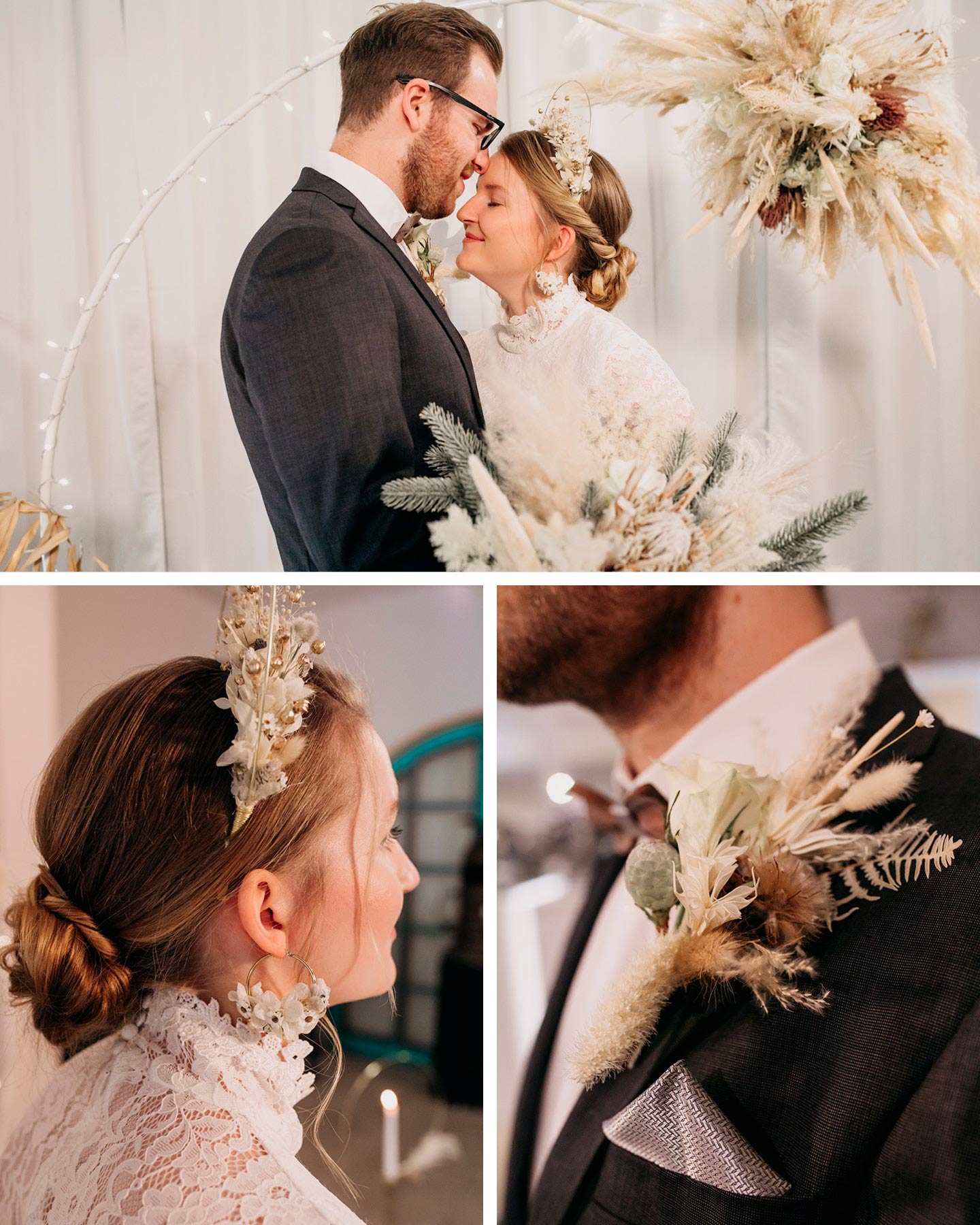 Brautpaar küsst sich liebevoll bei standesamtlicher Hochzeit in Kaffeerösterei mit Boho Dekoration.