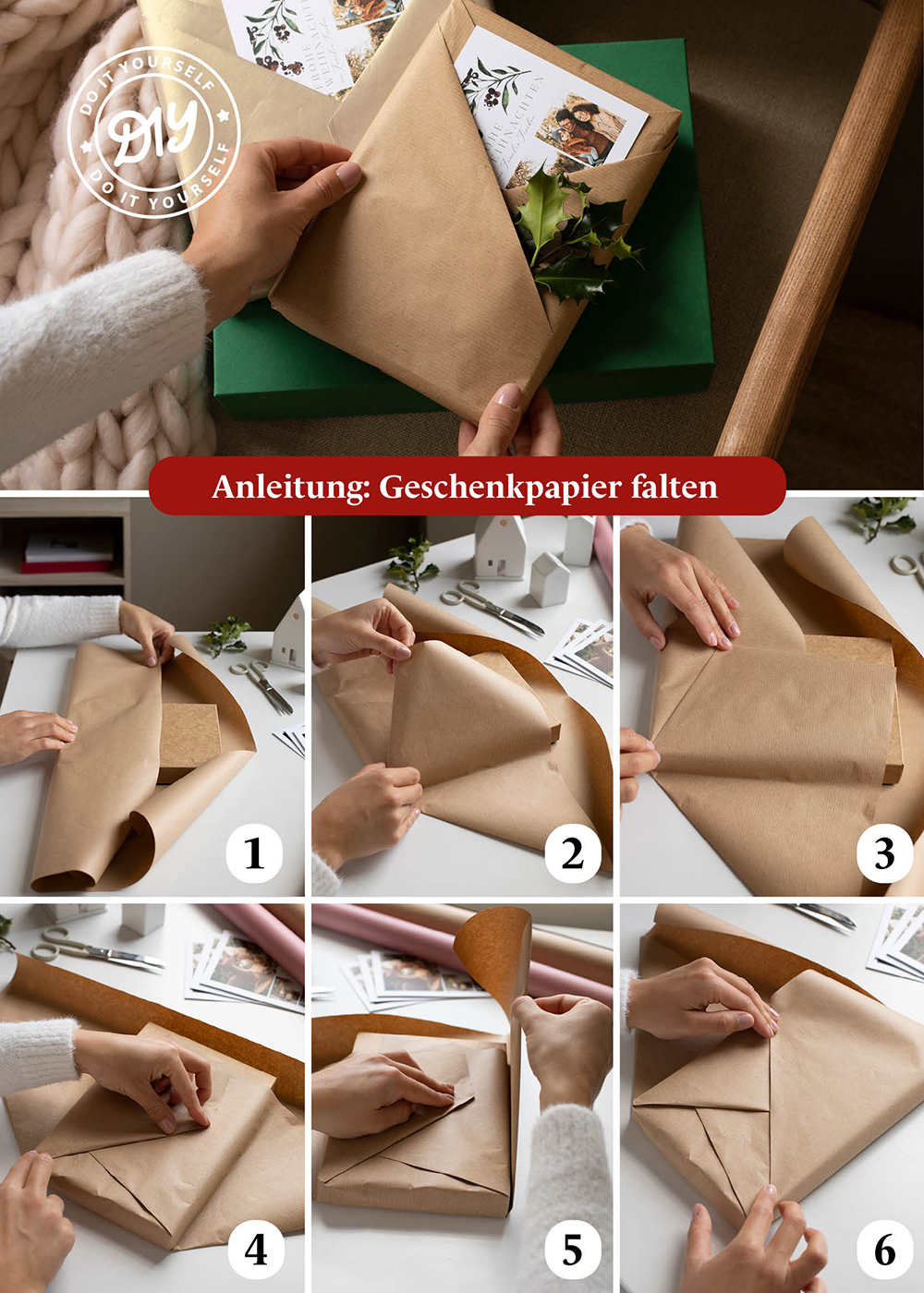 Geschenkpapier selber falten in Fischgrät-Optik. Schritt für Schritt Anleitung.