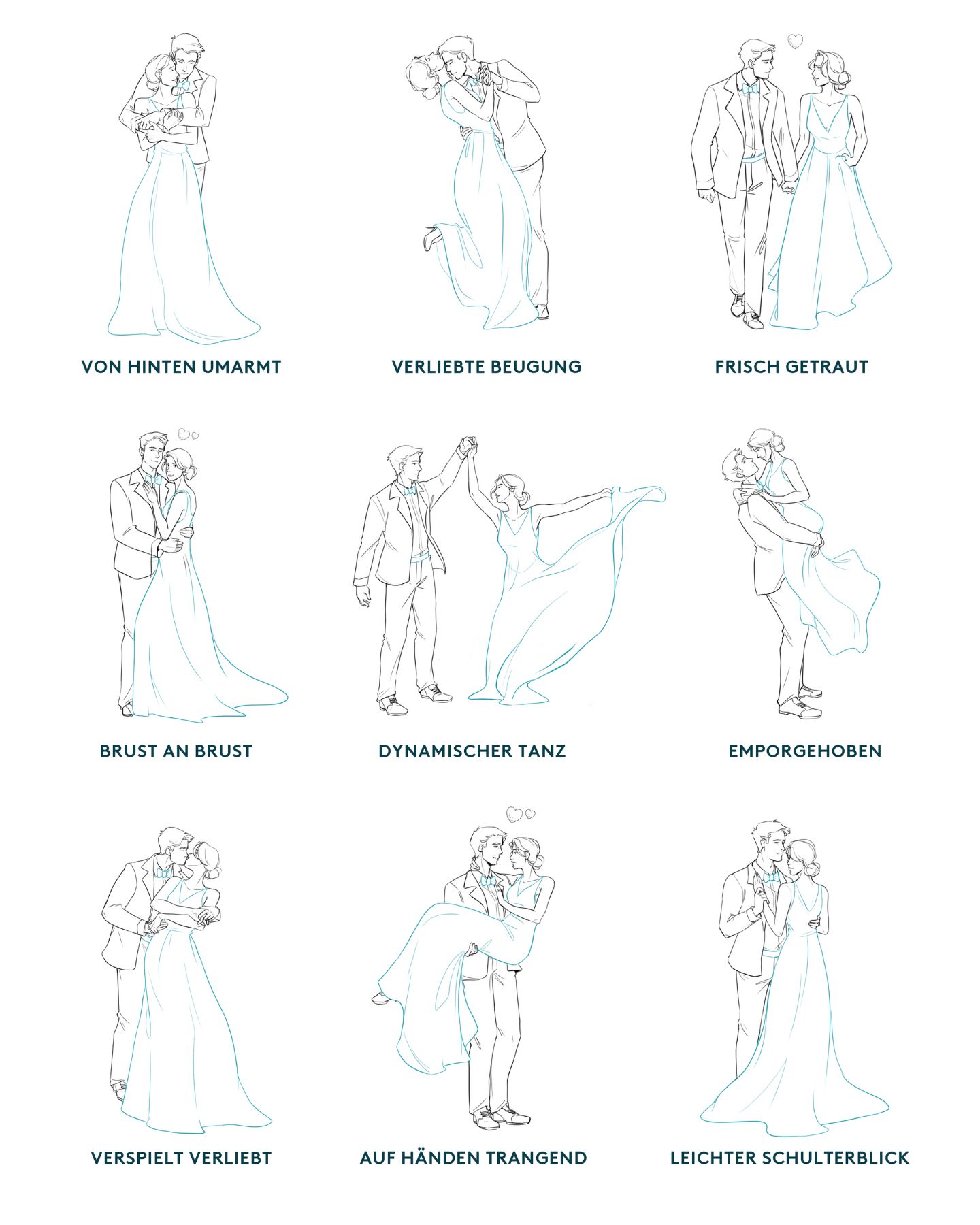 Illustrationen des Hochzeitspaares mit Posing-Ideen.