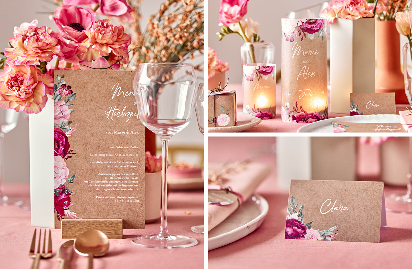 Hochzeitspapeterie für den Tisch in floralem Design