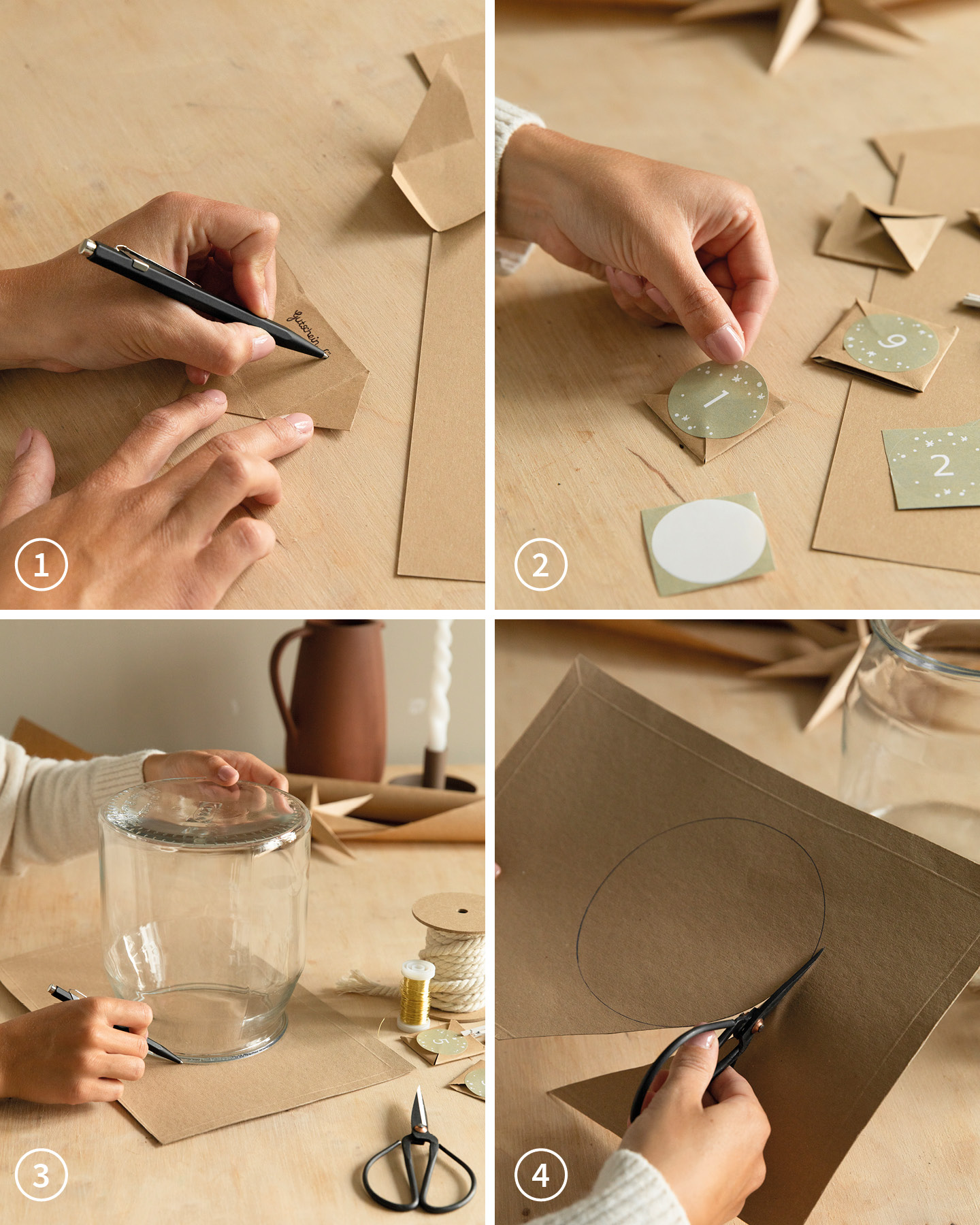 Aus Papier werden kleine Vierecke für einen selbst gemachten Adventskalender geschnitten.
