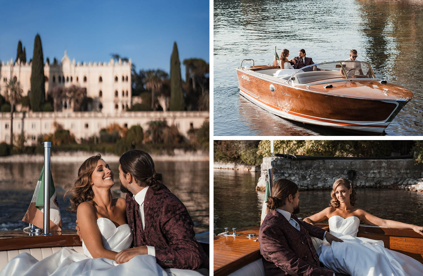 Collage: Brautpaar im Boot auf dem Rückweg von der Isola del Garda