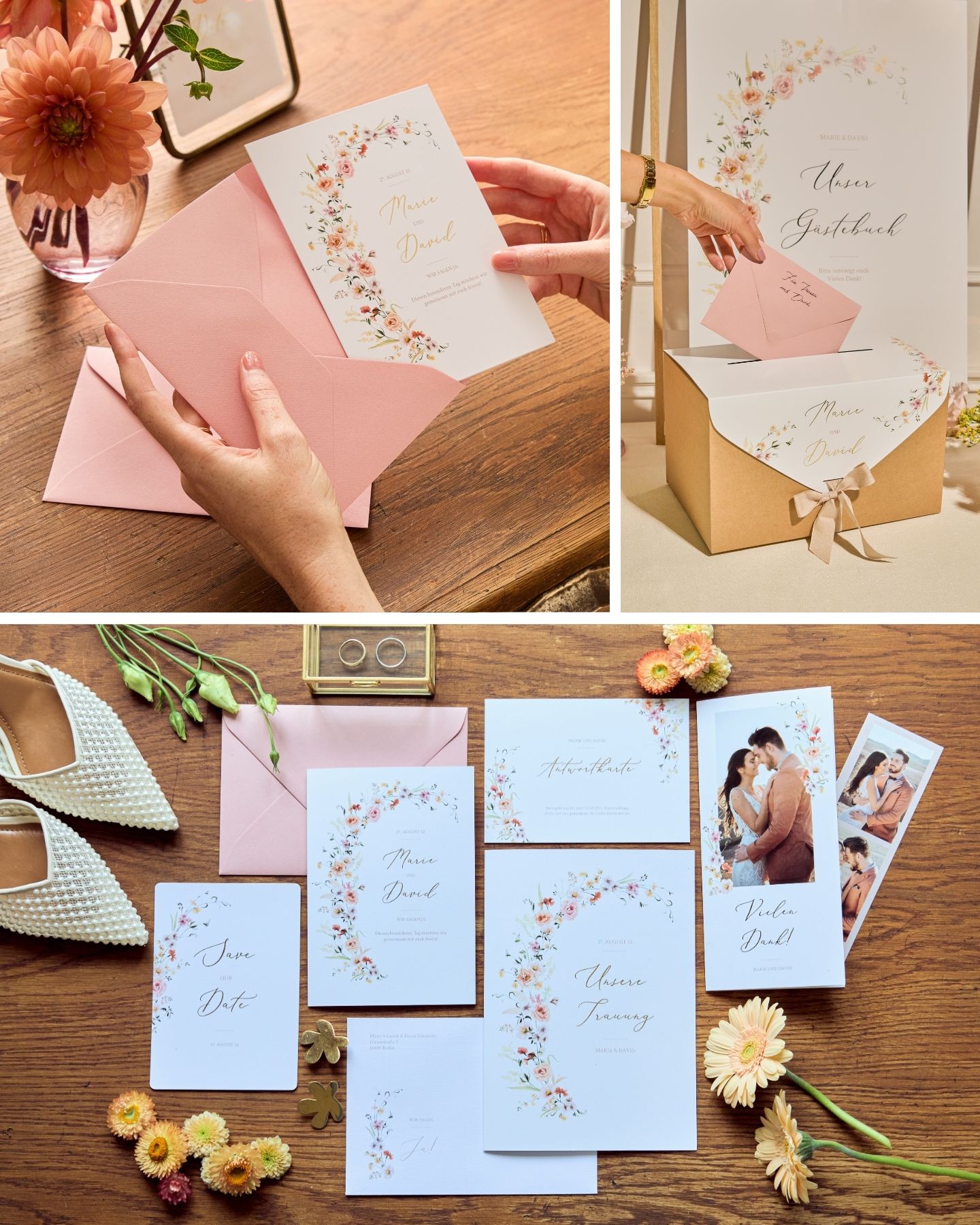 Hochzeitspapeterie mit Illustrationen aus Pampasgras, rosa Blüten und zarter Typografie.