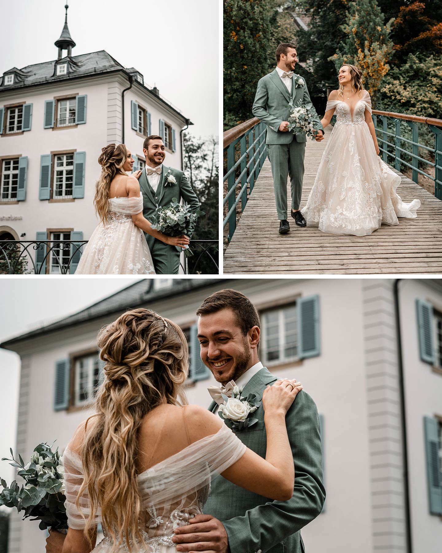 Die Braut und der Bräutigam werden vor dem weißen Gebäude mit Fensterläden in Türkis auf einer Brücke im Garten fotografiert.