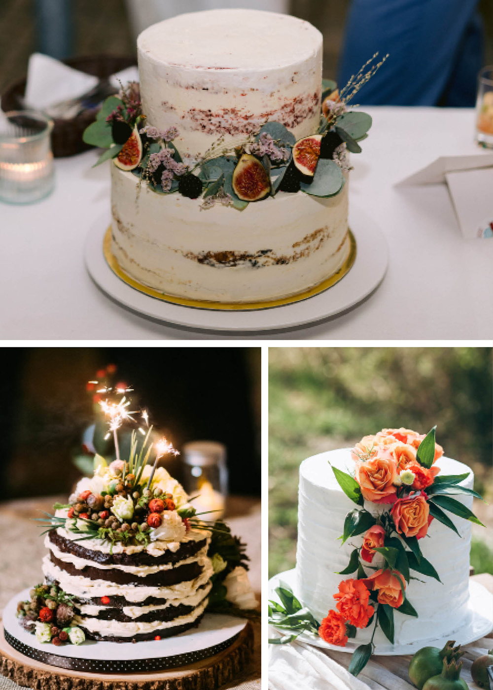 Torten bestrichen mit weißer Buttercreme. Verziert mit frischen Blüten in weiß und korallfarbenen Tönen und Eukalyptus. Frische Früchte wie Feigen zierten die Torte zusätzlich