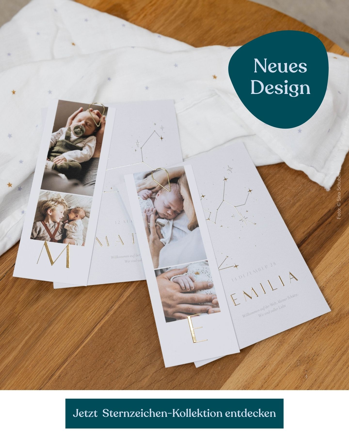 Geburtskarten mit Sternzeichen, mit Folienveredelung in Gold