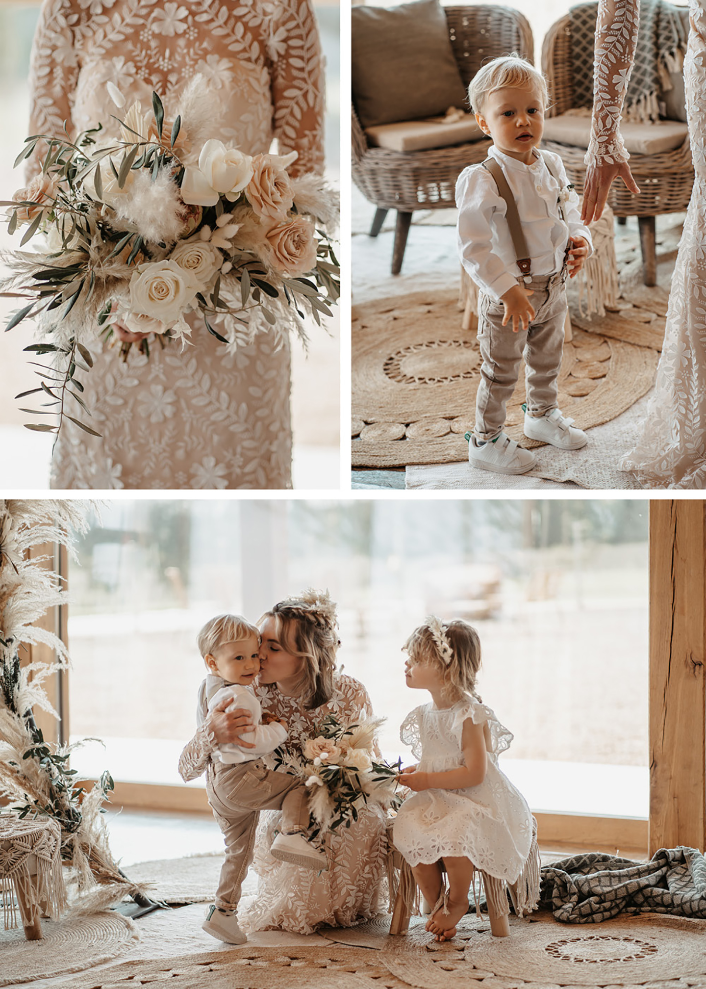 Die Collage aus drei Bildern zeigt Impressionen aus dem Shooting der Braut mit ihren zwei kleinen Kindern. Überall ist die Hochzeit mit Pampasgras dekoriert. 
