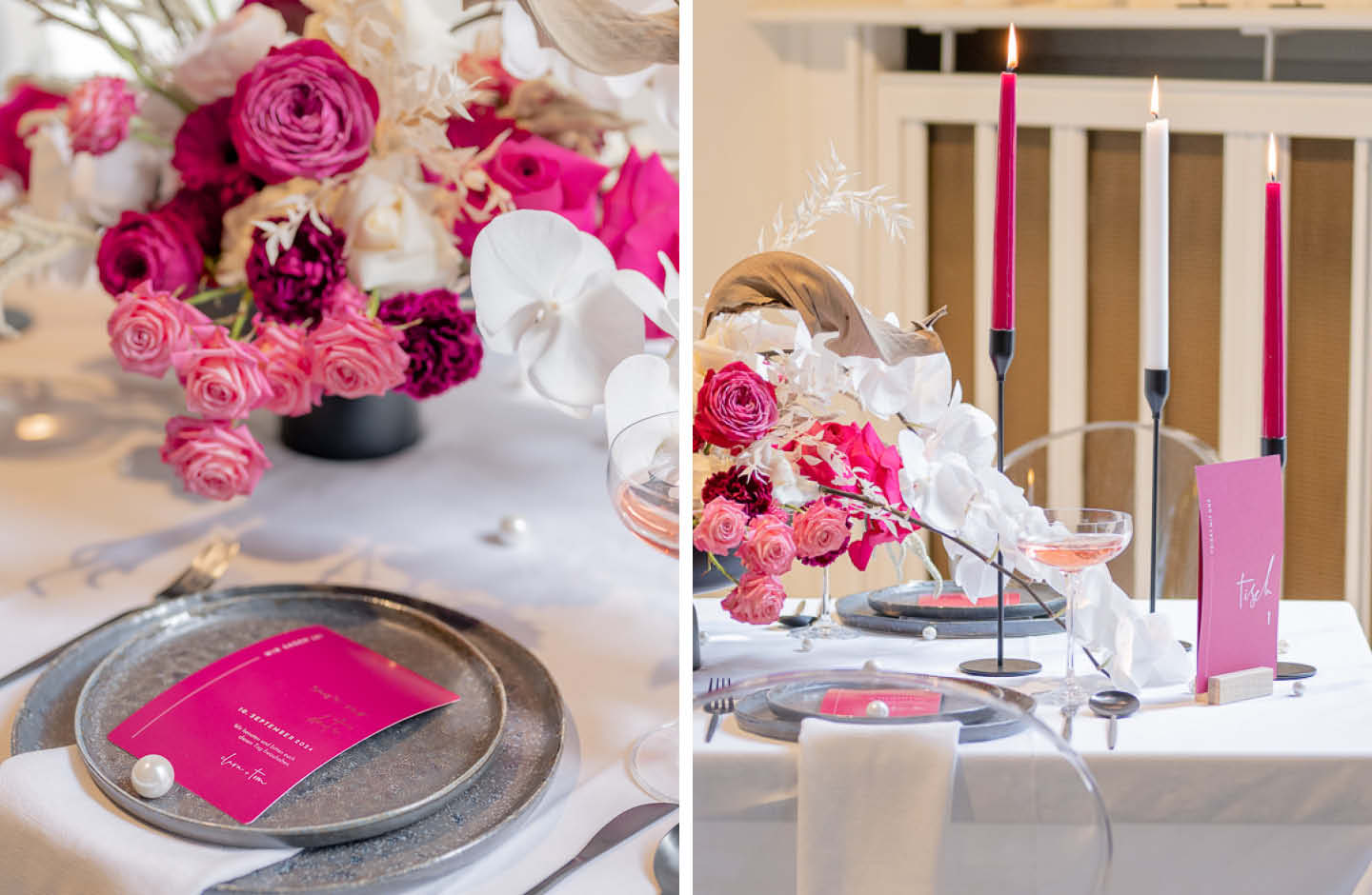 Papeterie in kräftigem Pink liegt auf dem Hochzeitstisch.