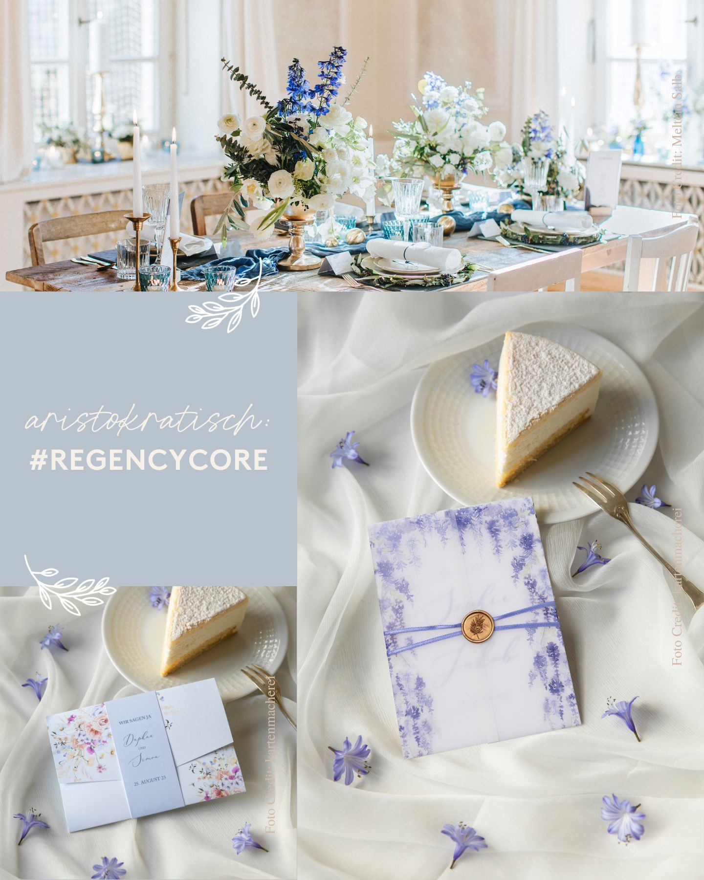 Collage Hochzeitstisch und Hochzeitseinladungen im Regency-Stil