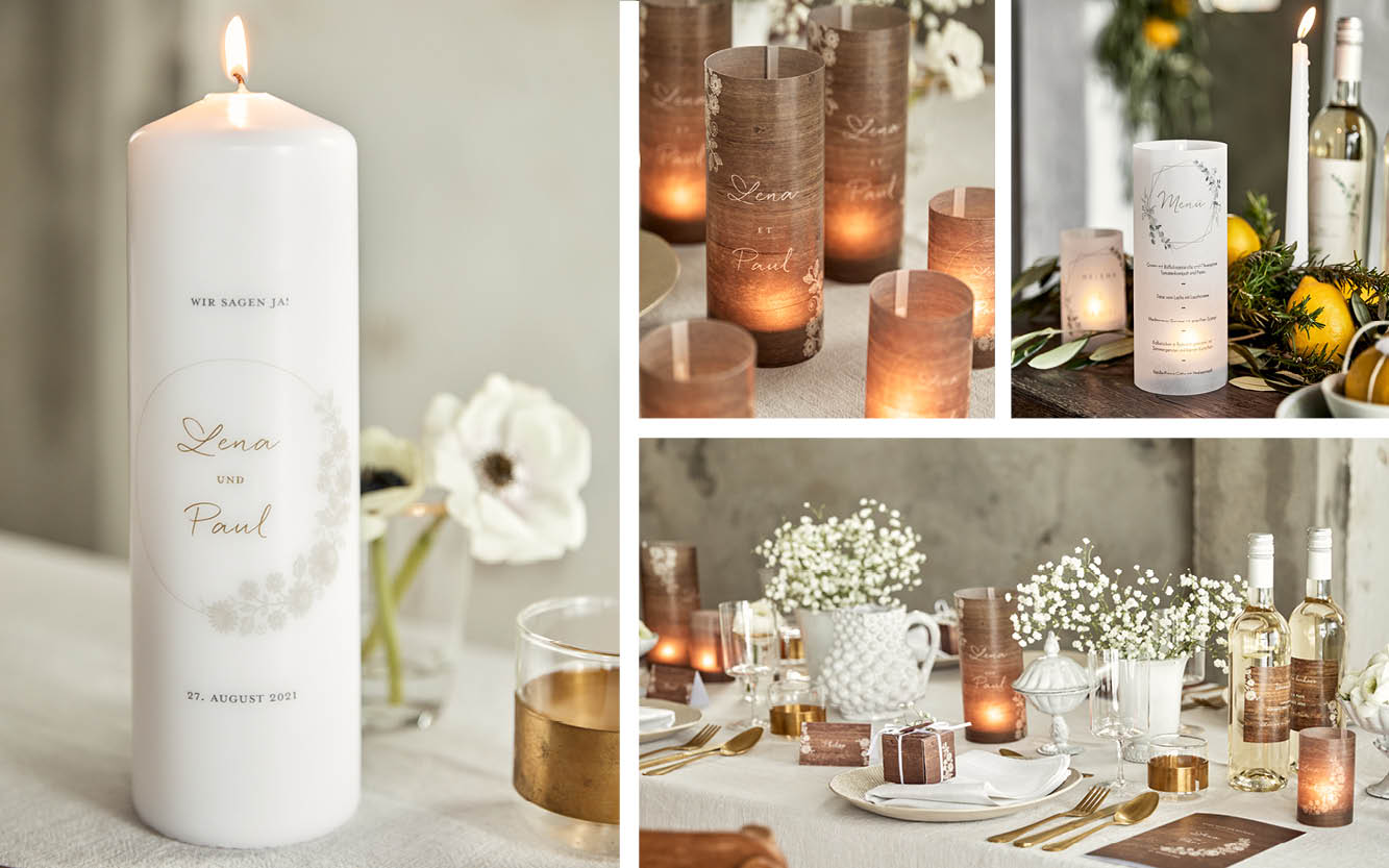 Hochzeitstisch Deko mit Kerzen. Individuelle Kerzen oder Teelichter