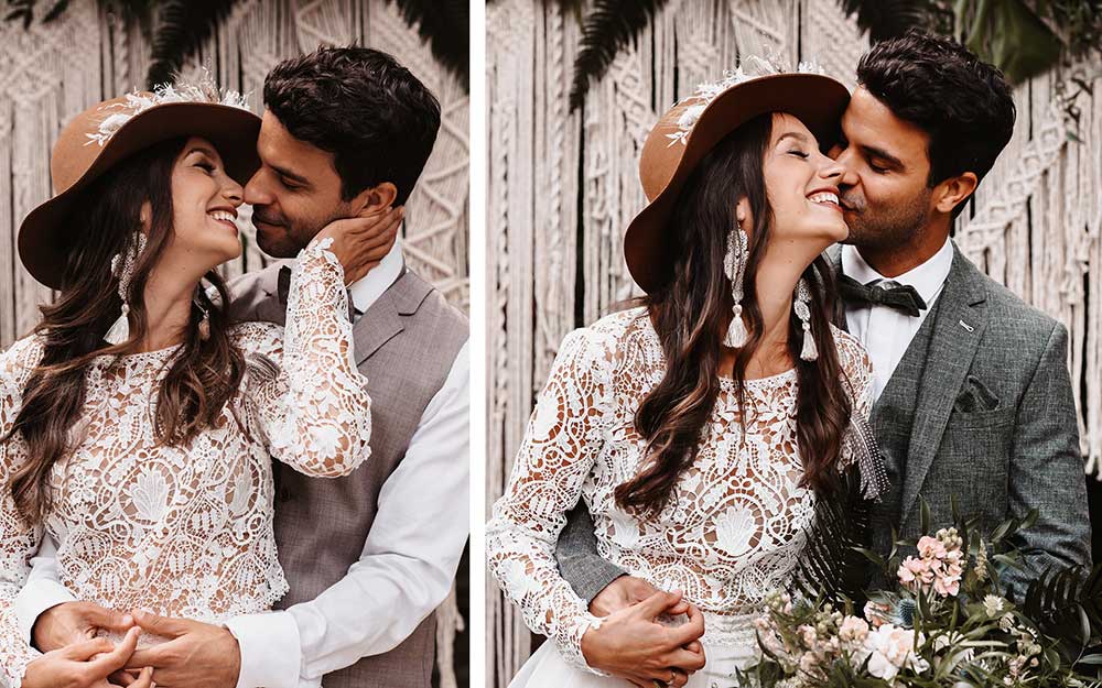 Das verliebte Brautpaar im modernen, legeren Boho-Look sieht beim Brautpaarshooting wunderschön aus. Die Deko aus Makramee ist der perfekte Hintergrund. 