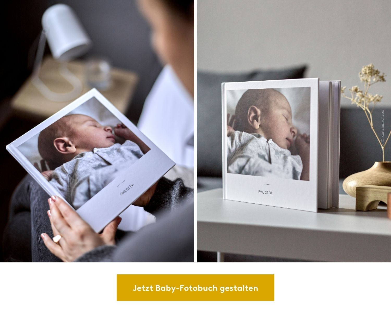 Collage mit Fotos eines liebevoll gesteteten Babytagebuchs