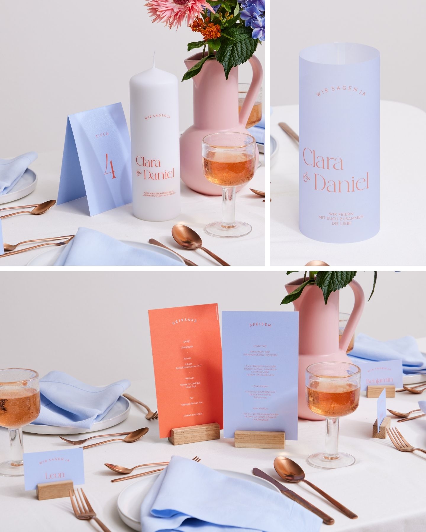 Hochzeitspapeterie in Hellblau und Orange, Collage