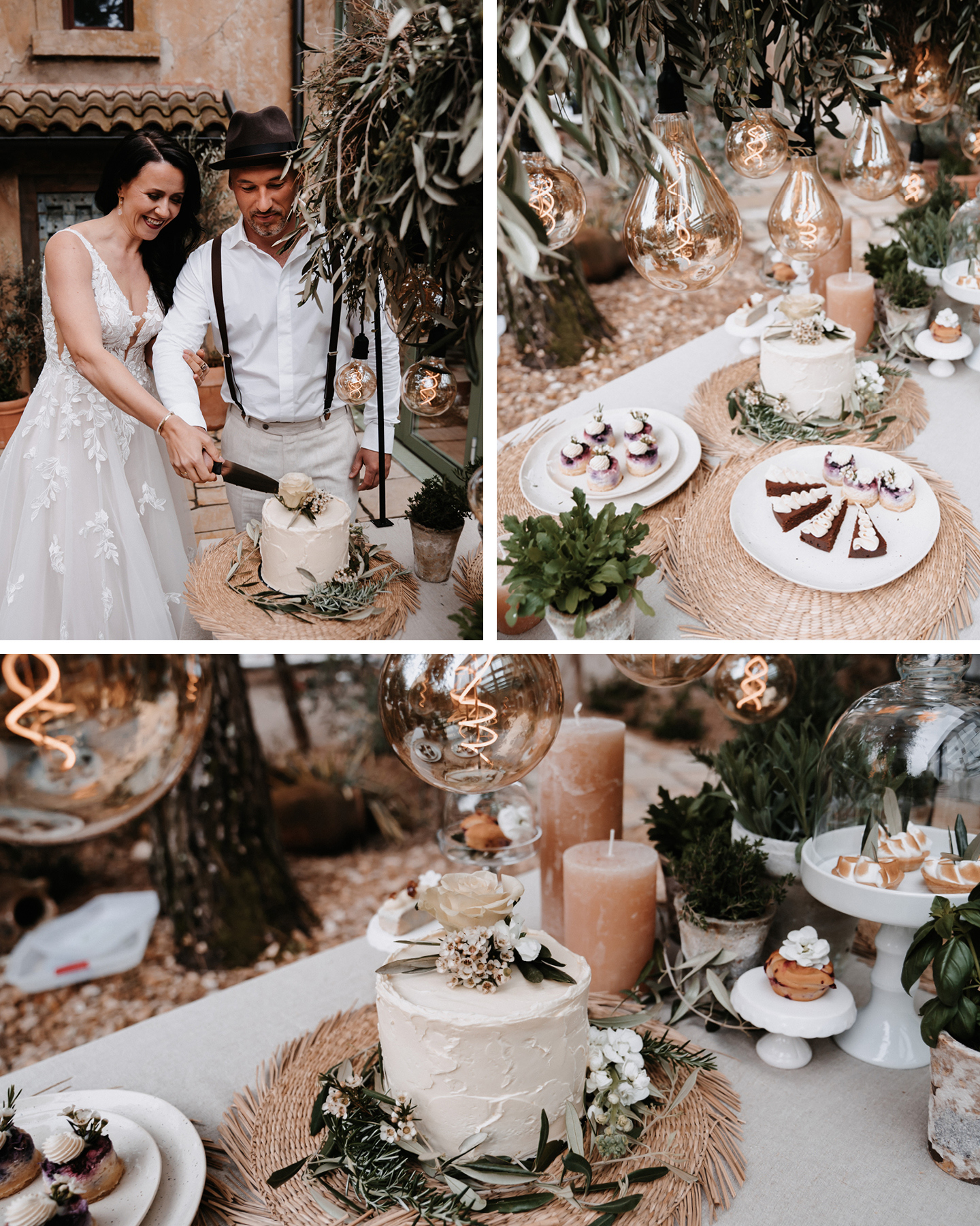 Brautpaar schneidet Boho Greenery Hochzeitstorte gemeinsam mit Messer an.