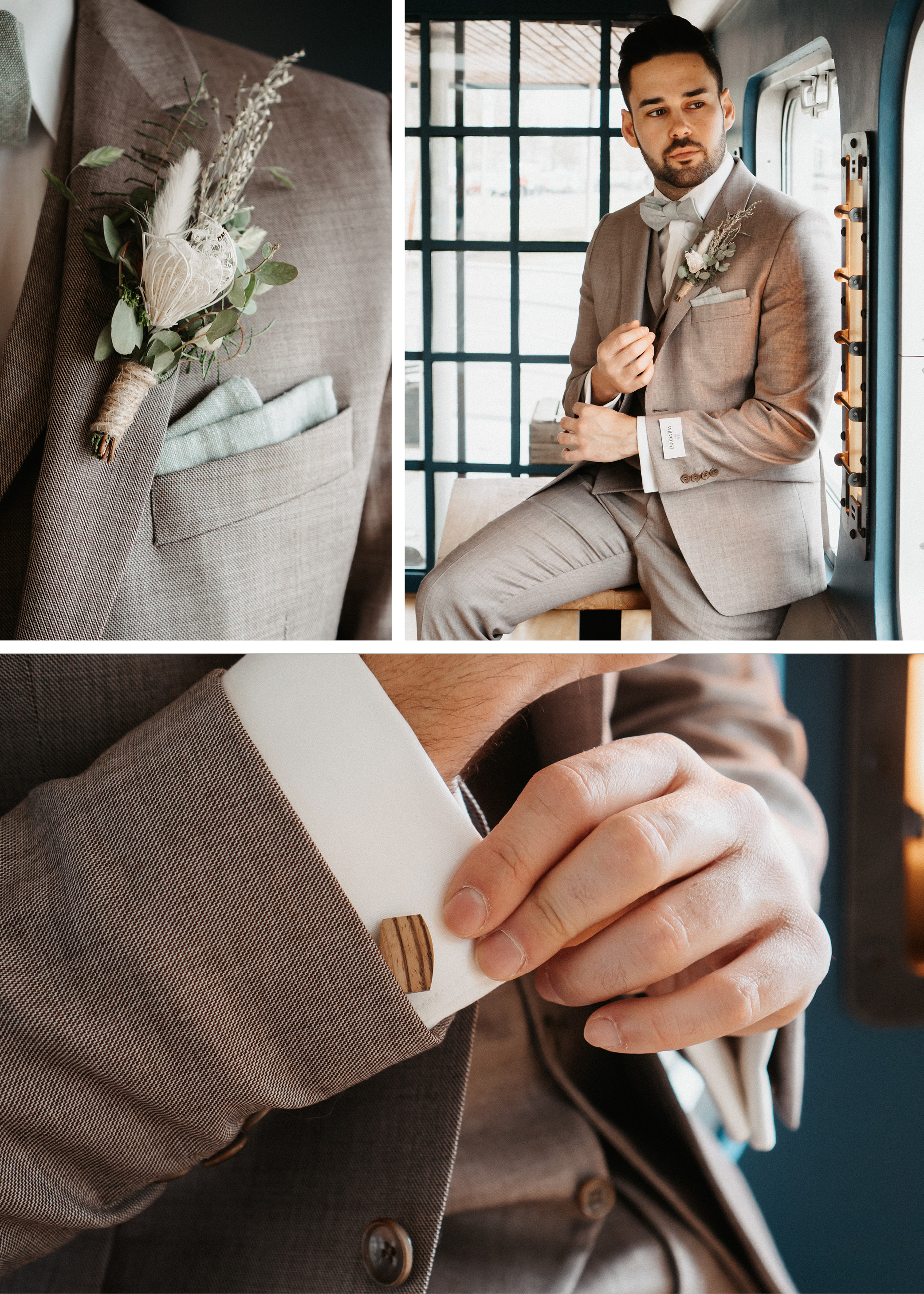 Bräutigam in hellem Anzug mit Ansteckblume macht sich für die Hochzeit auf dem Wasser fertig.