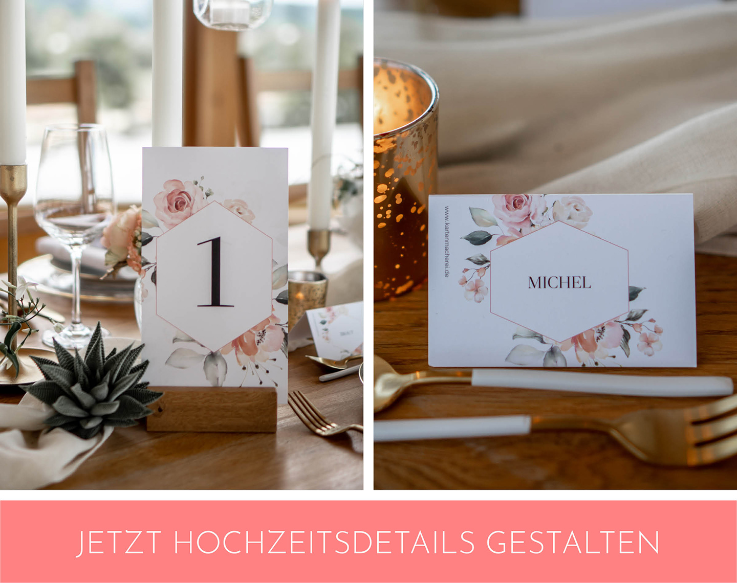 florale Hochzeitspapeterie wie Tischkärtchen und Tischnummer zieren die Hochzeitstafel