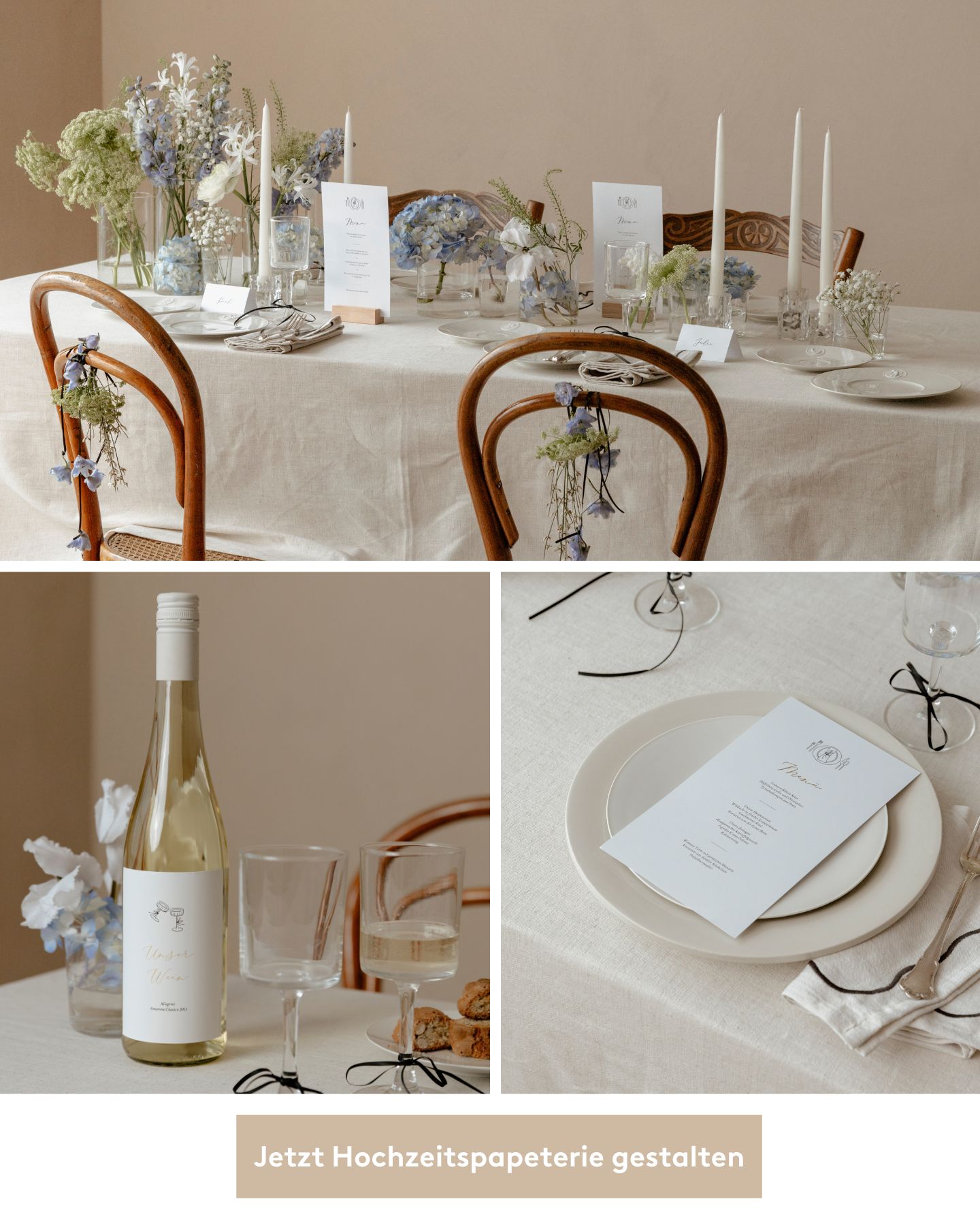 Collage: Hochzeitstisch mit schön dekorierter Hochzeitspapeterie