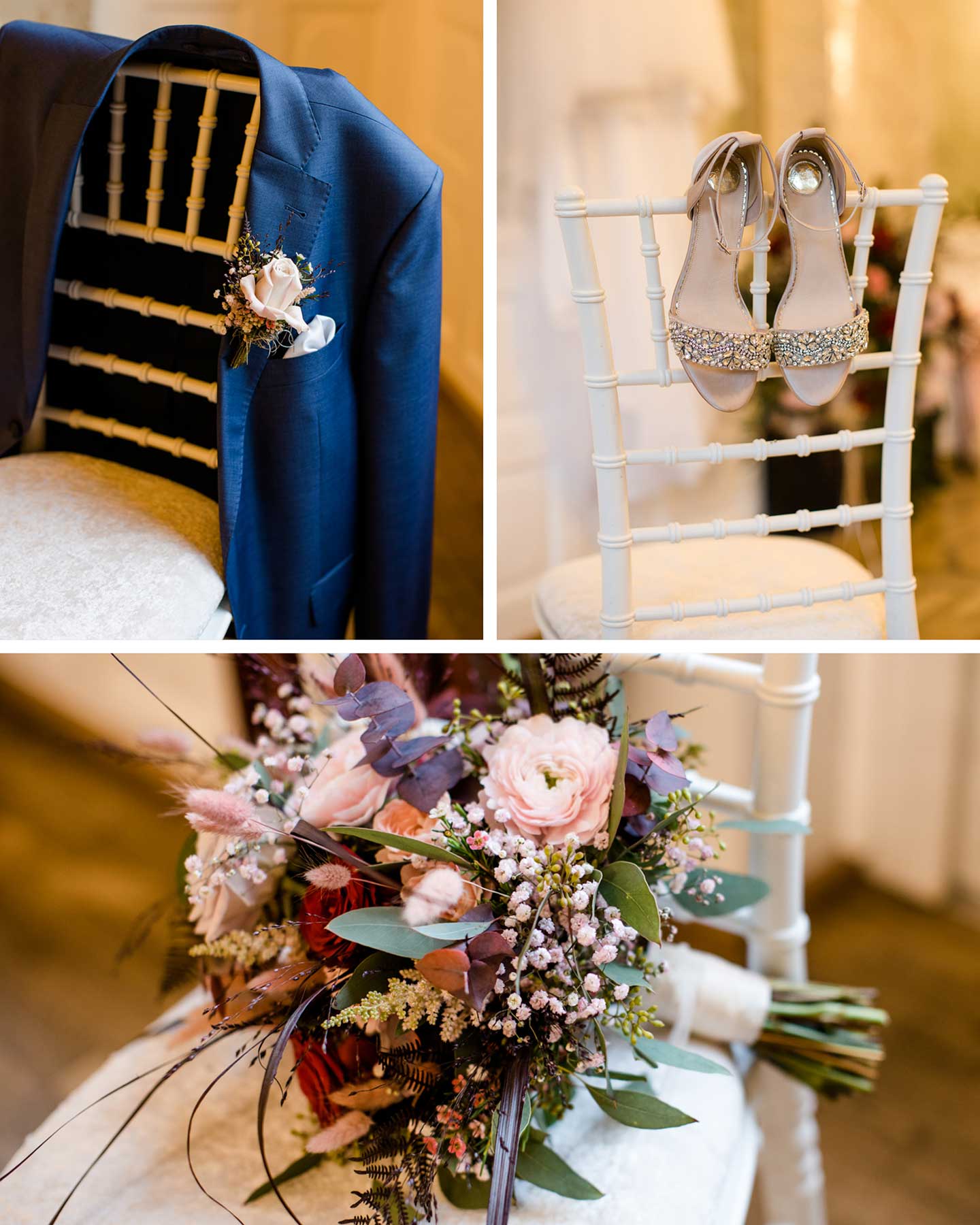 Brautstrauß, Hochzeitsschuhe und Ansteckblume liegen bereit für die Modern Romantic Wedding.