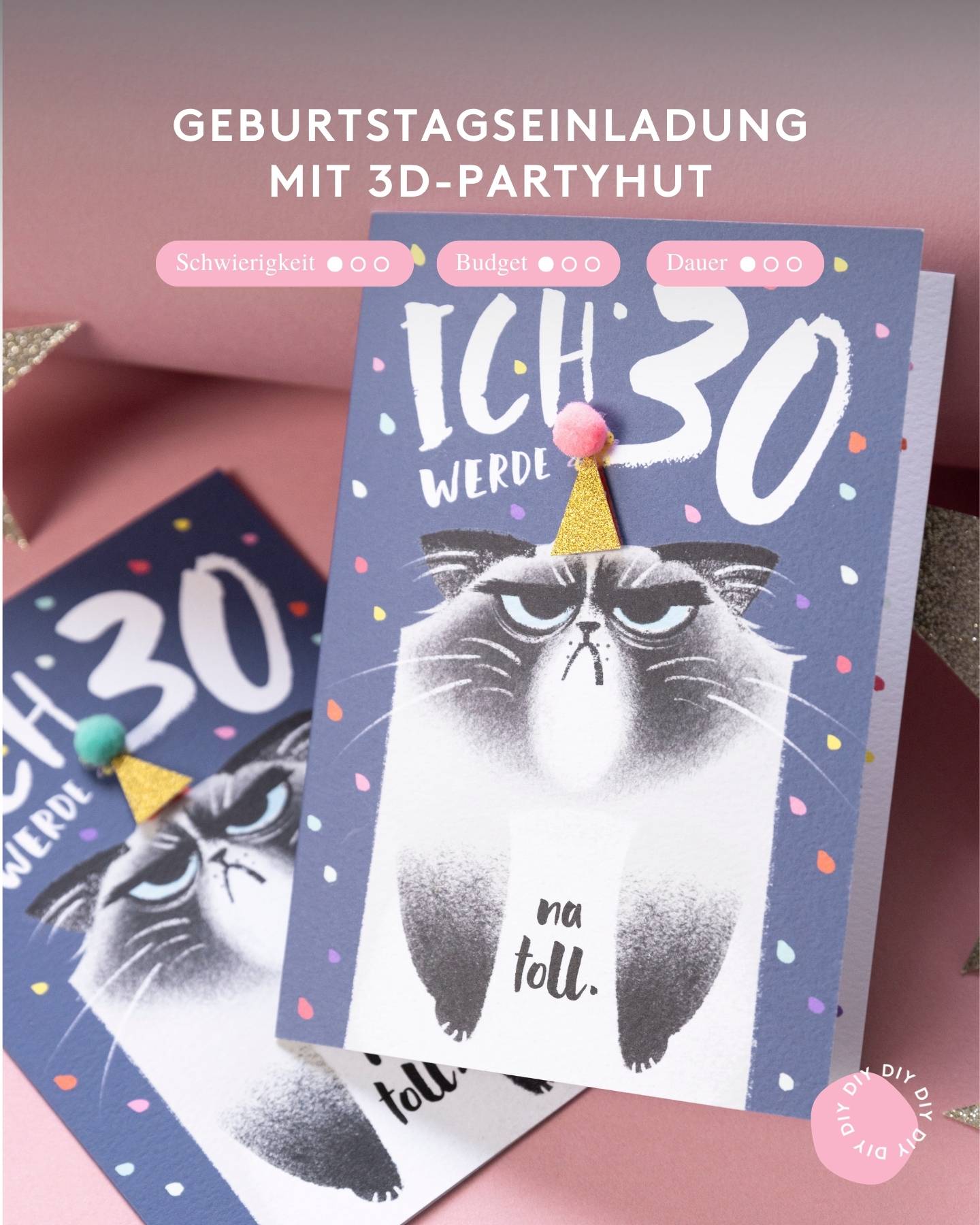 Geburtstagseinladung selber machen. Einladungskarte mit 3D Partyhut