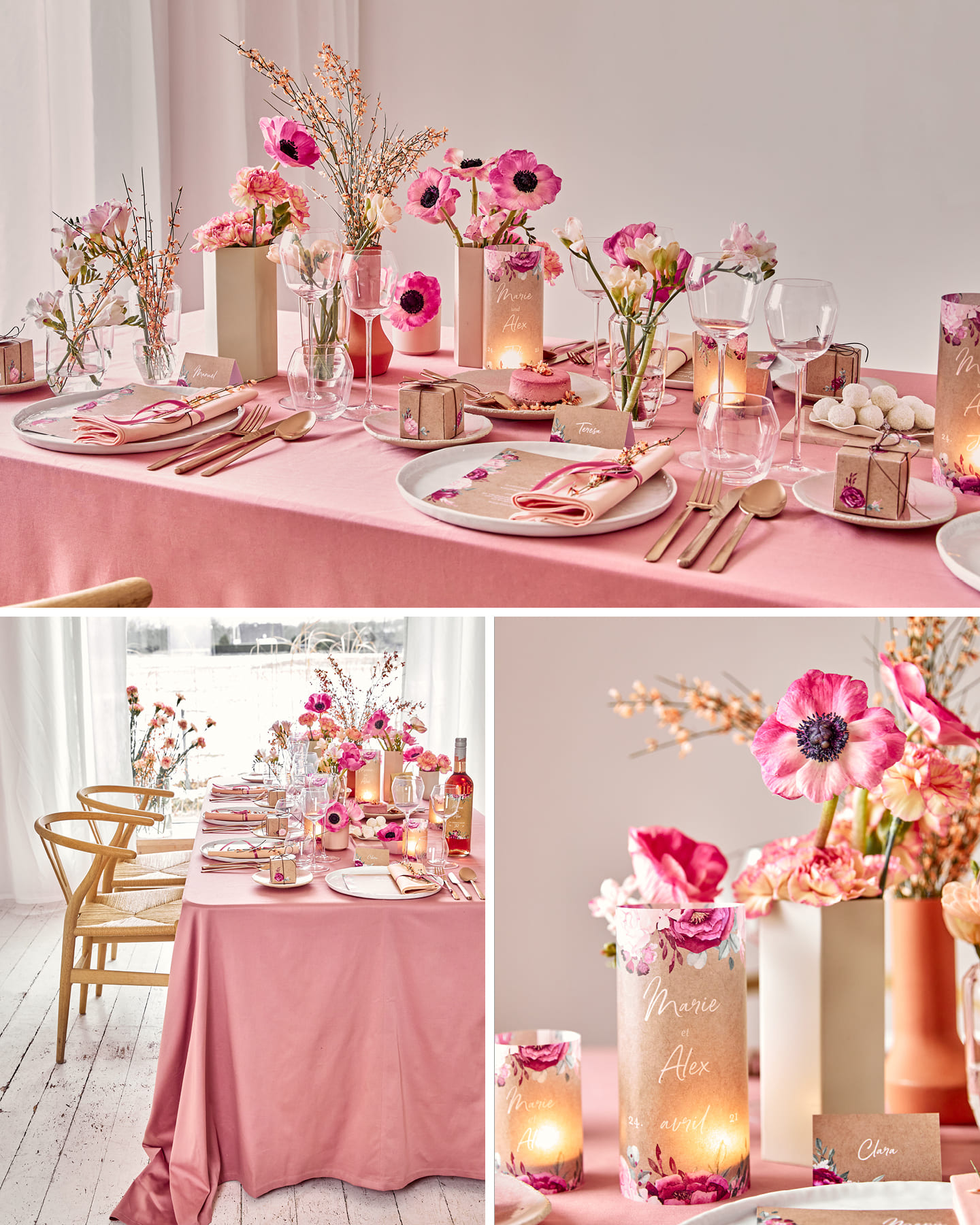 Collage mit Bildern einer in Pink geschmückten Hochzeitstafel