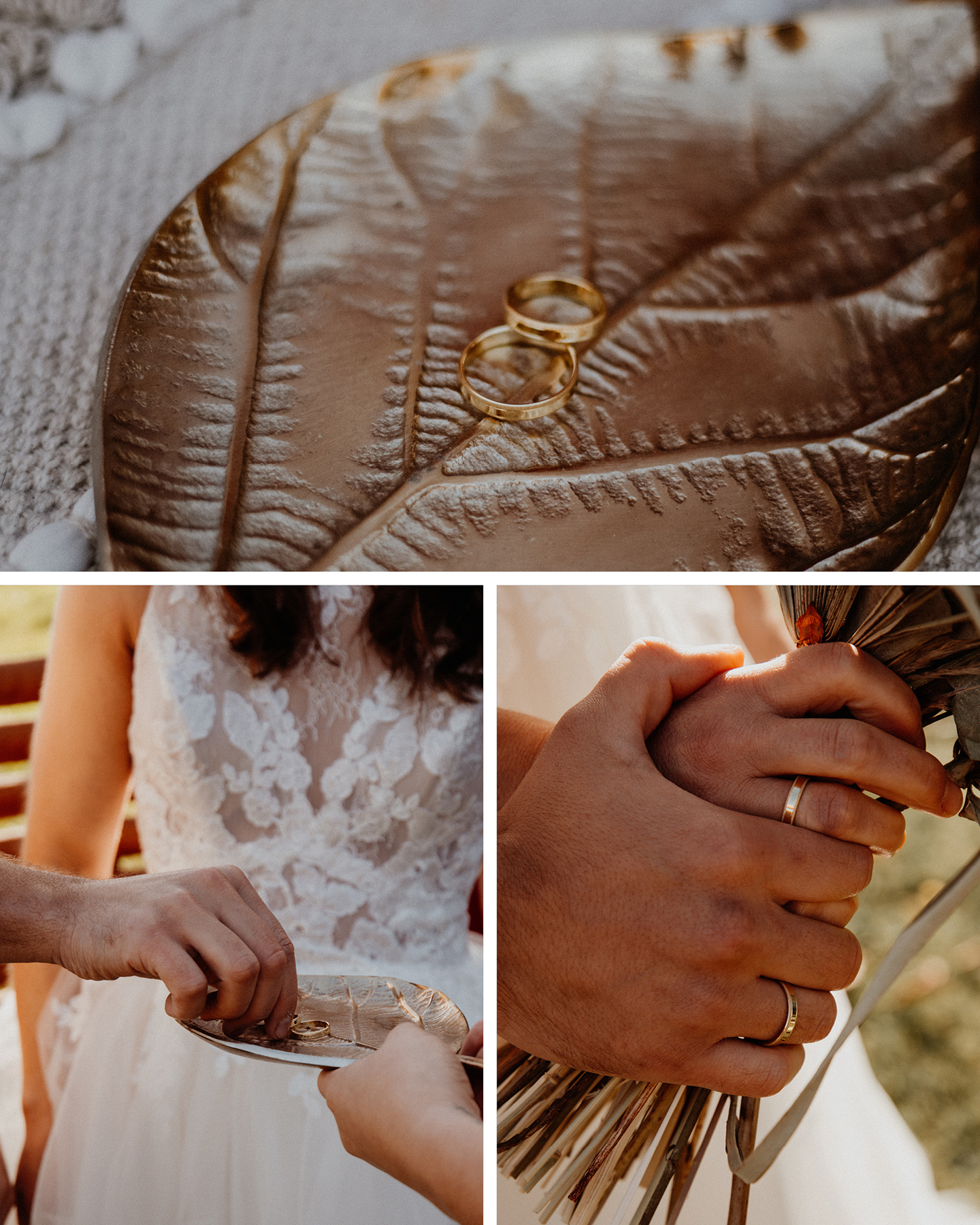 Boho Brautpaar steckt sich goldene Eheringe bei ihrer Picknick Hochzeit an.