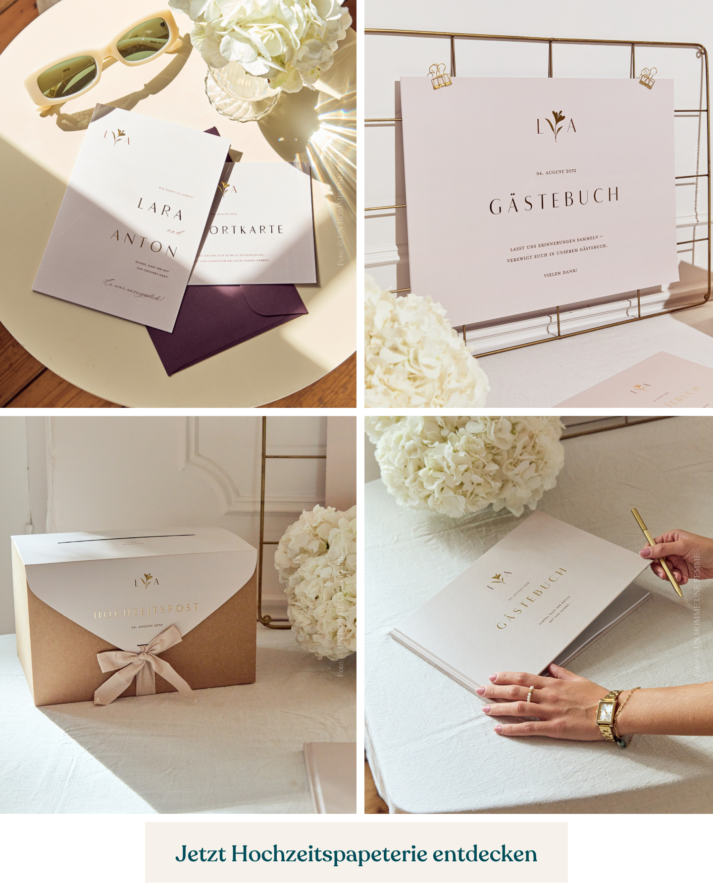 Collage von 4 Bildern mit schlichter Hochzeitspapeterie