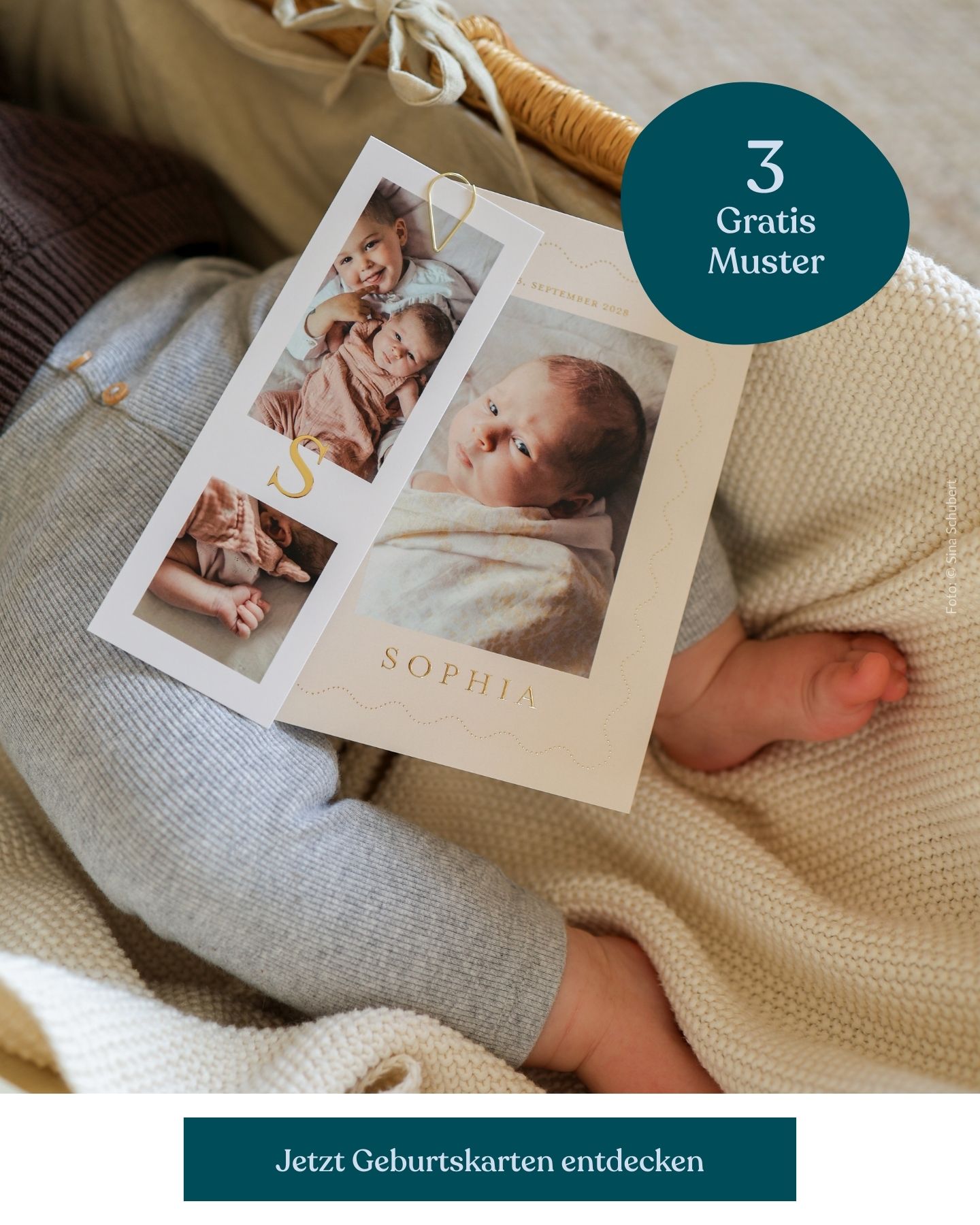 Geburtskarte mit Godveredelung auf kariertem Hintegrund