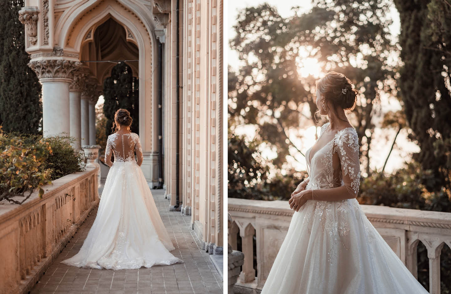 Collage von Bildern einer Braut im langen Hochzeitskleid