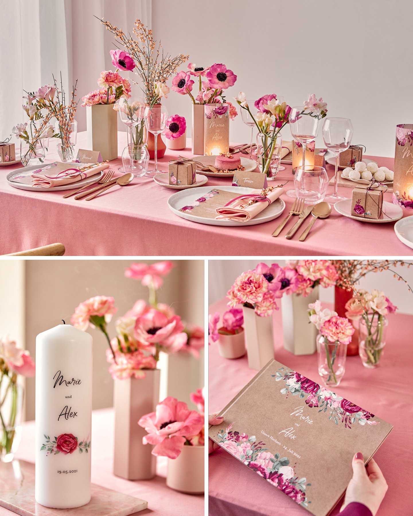 Collage eines in Pink geschmückten Hochzeitstisches