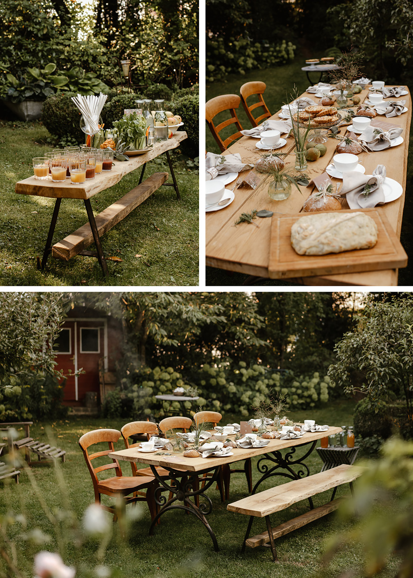 Zu sehen ist der Hochzeitstisch aus unterschiedlichen Perspektiven. Auf dem Tisch befindet sich für jeden Gast ein gedeckter Platz, minimalistische Deko in grün und Naturtönen sowie Tischpapeterie. 