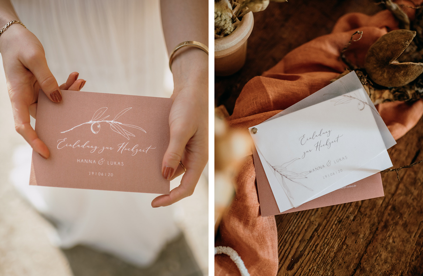 Einladung zur Hochzeit mit Transparentpapier, einem handgezeichnetebn Olivenzweig und romantischen Rost-Farbtönen.