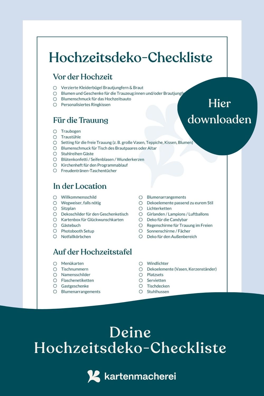 Hochzeitsdeko Checkliste zum Downloaden & Ausdrucken