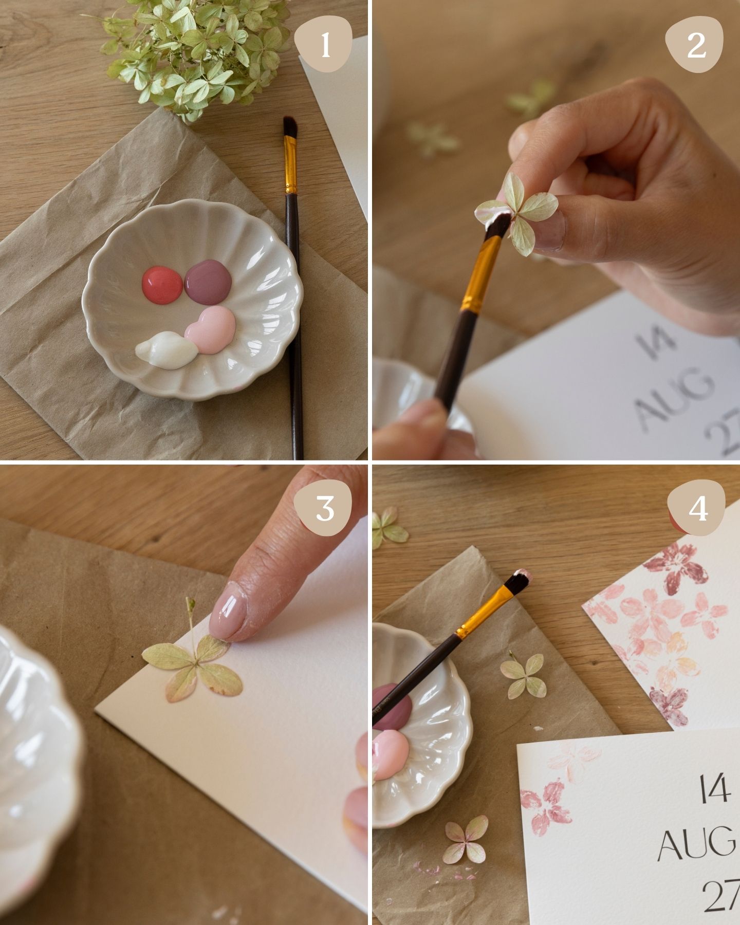 DIY-Hochzeitseinladung mit Acrylfarbe und Blumendruck. Schritt für Schritt Anleitung.