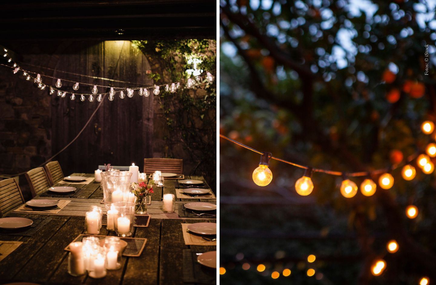 Collage: Partybeleuchtung im Garten mit Lichterketten und Windlichtern