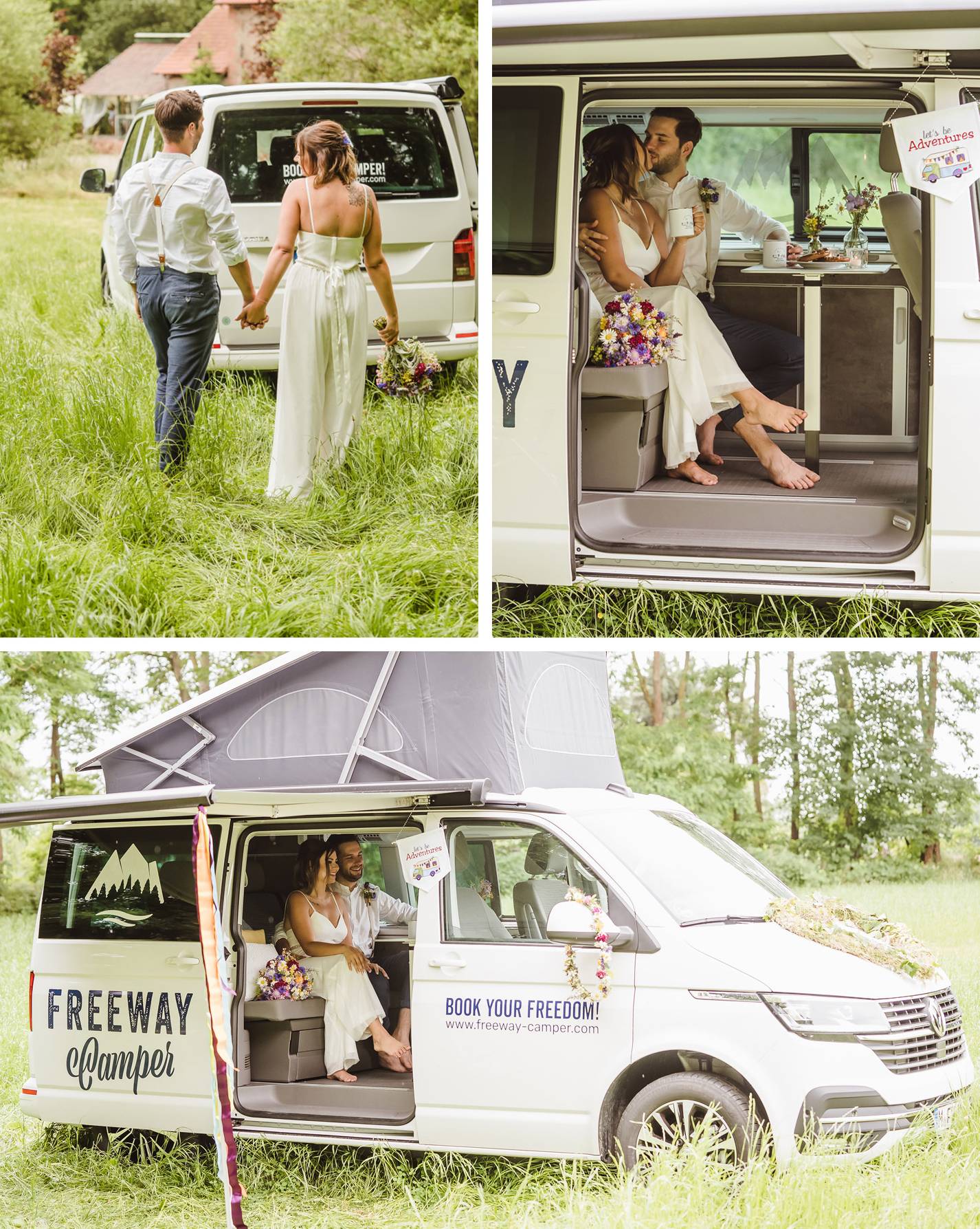 Hochzeitspaar sitzt nach der Trauung im Camper Van bei ihrer Camper Hochzeit.