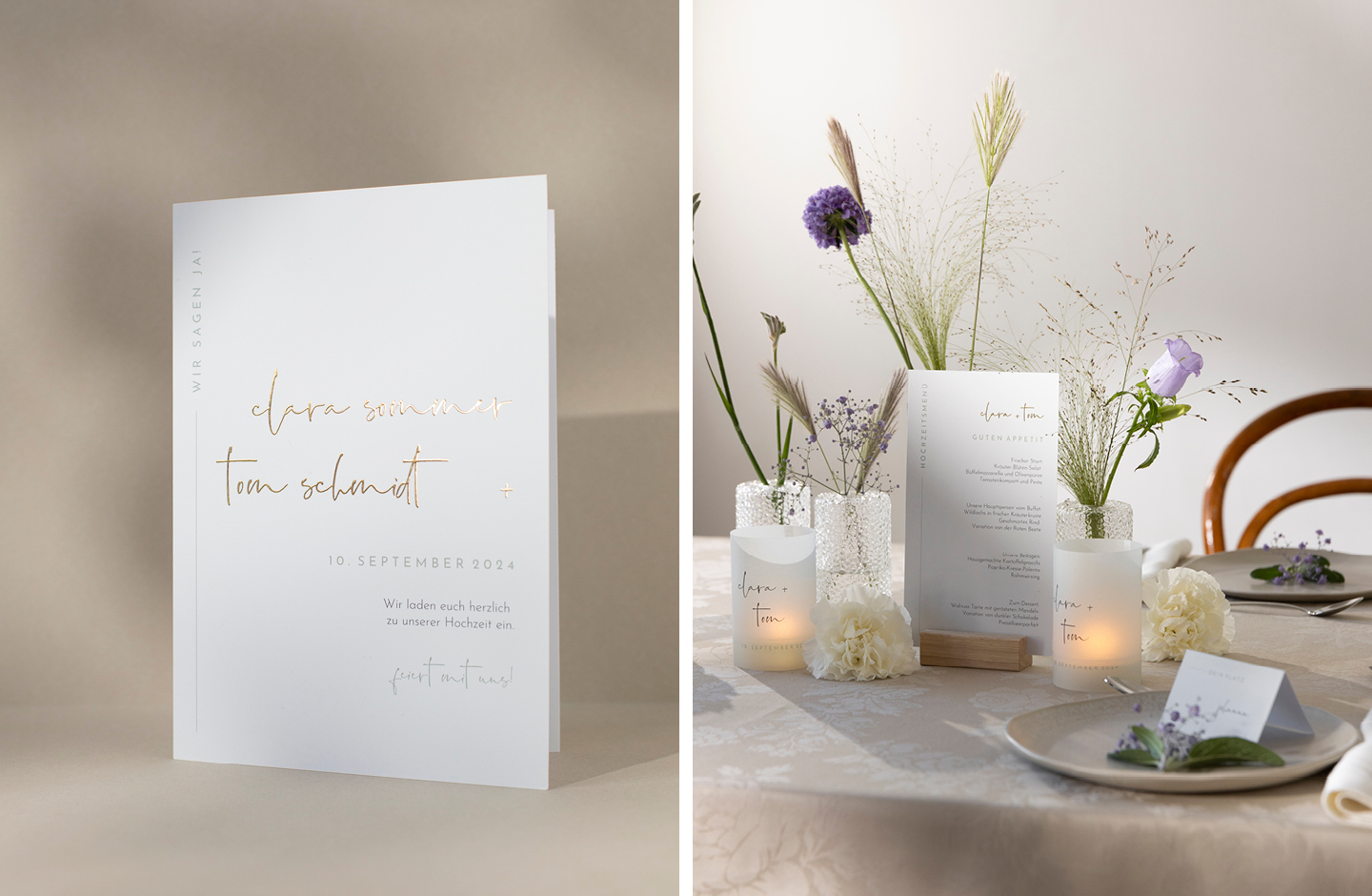 Collage Hochzeitseinladung und passende Papeterie