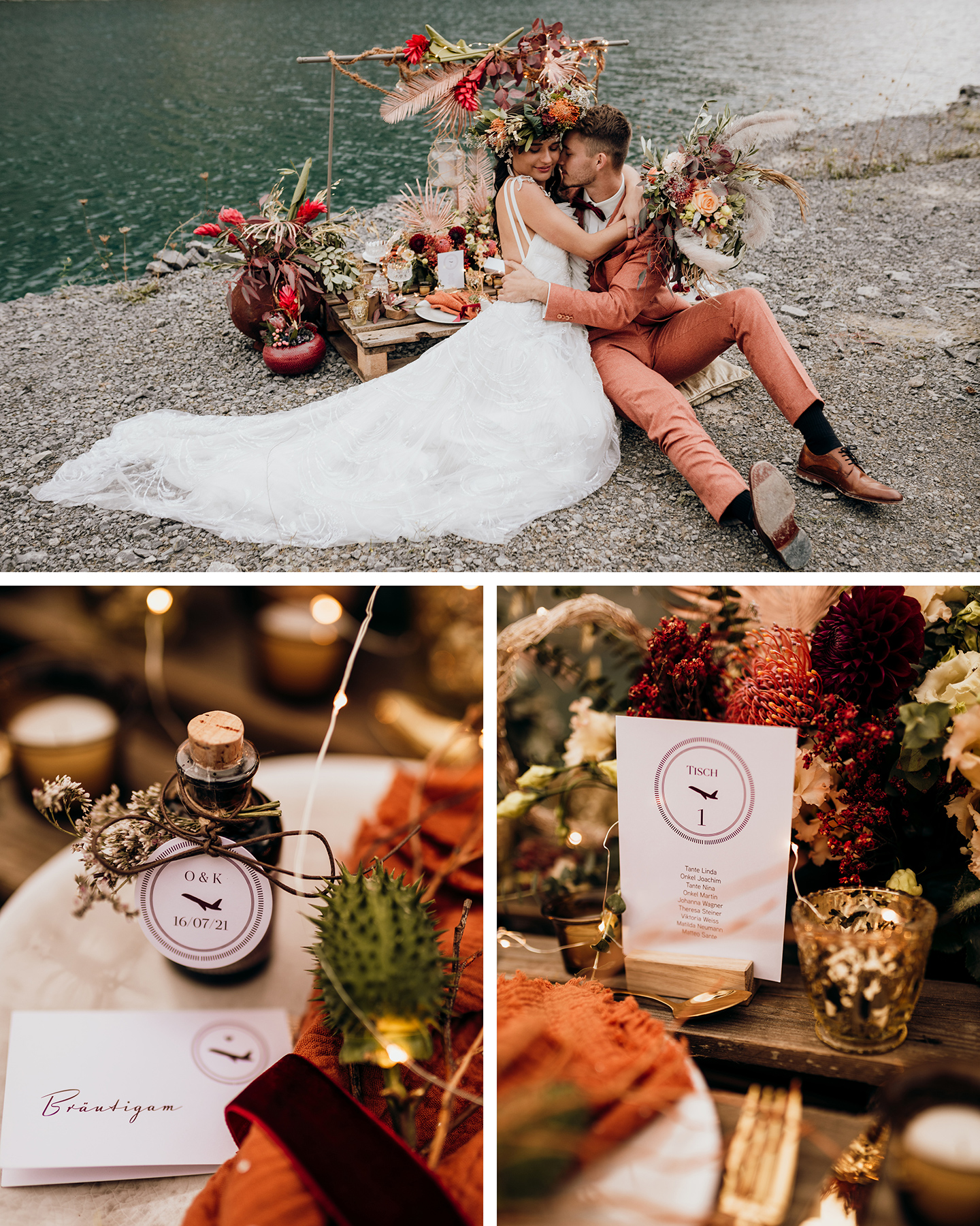 Eine Hochzeitstafel am See ist dekoriert mit orangen Blumen und Papeterie mit Flugzeug-Illustrationen.