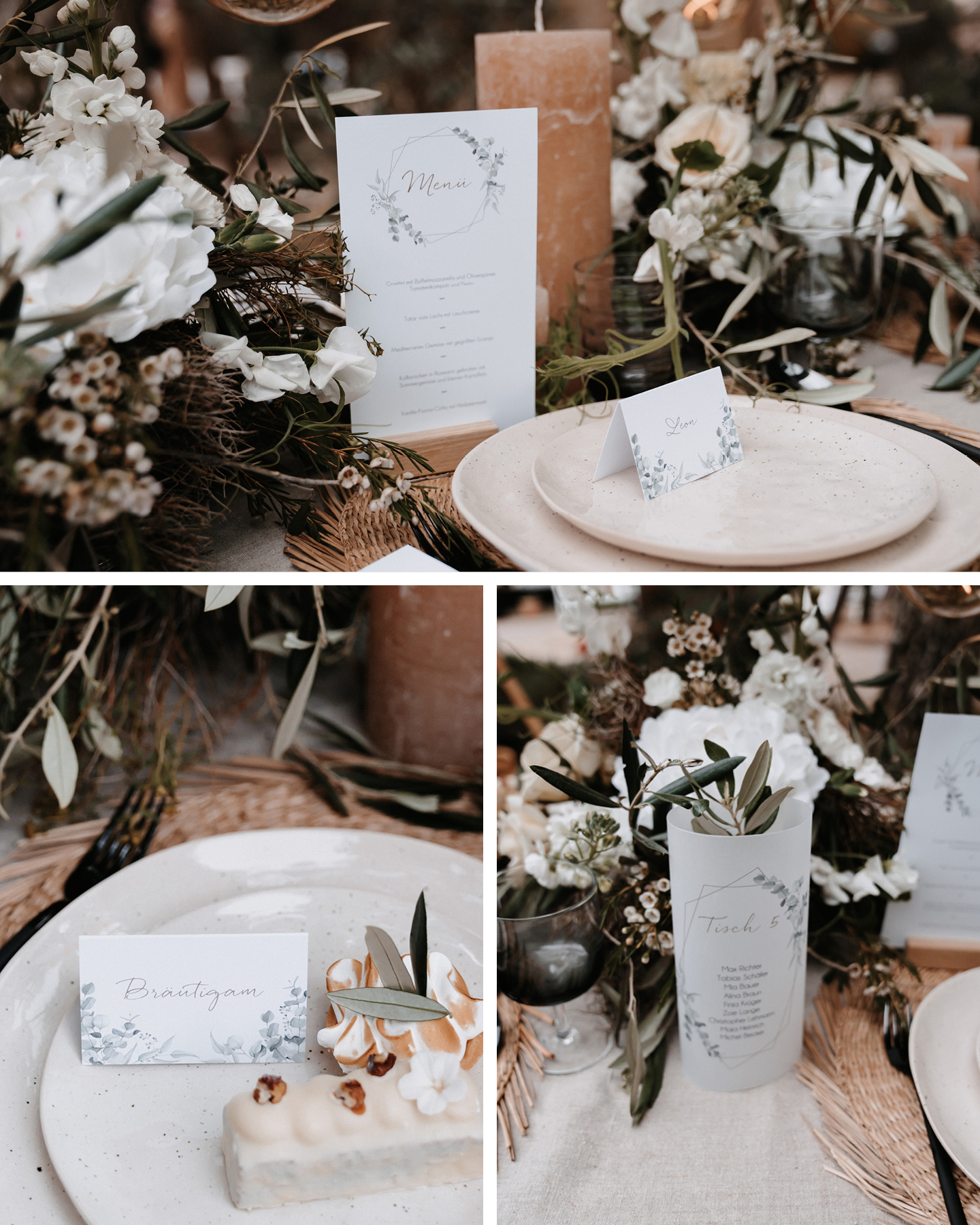 Menükarte, Tischkarte, Namenskarte mit Eukalyptus Illustrationen stehen auf der im Boho Greenery Stil dekorierten Hochzeitstafel.