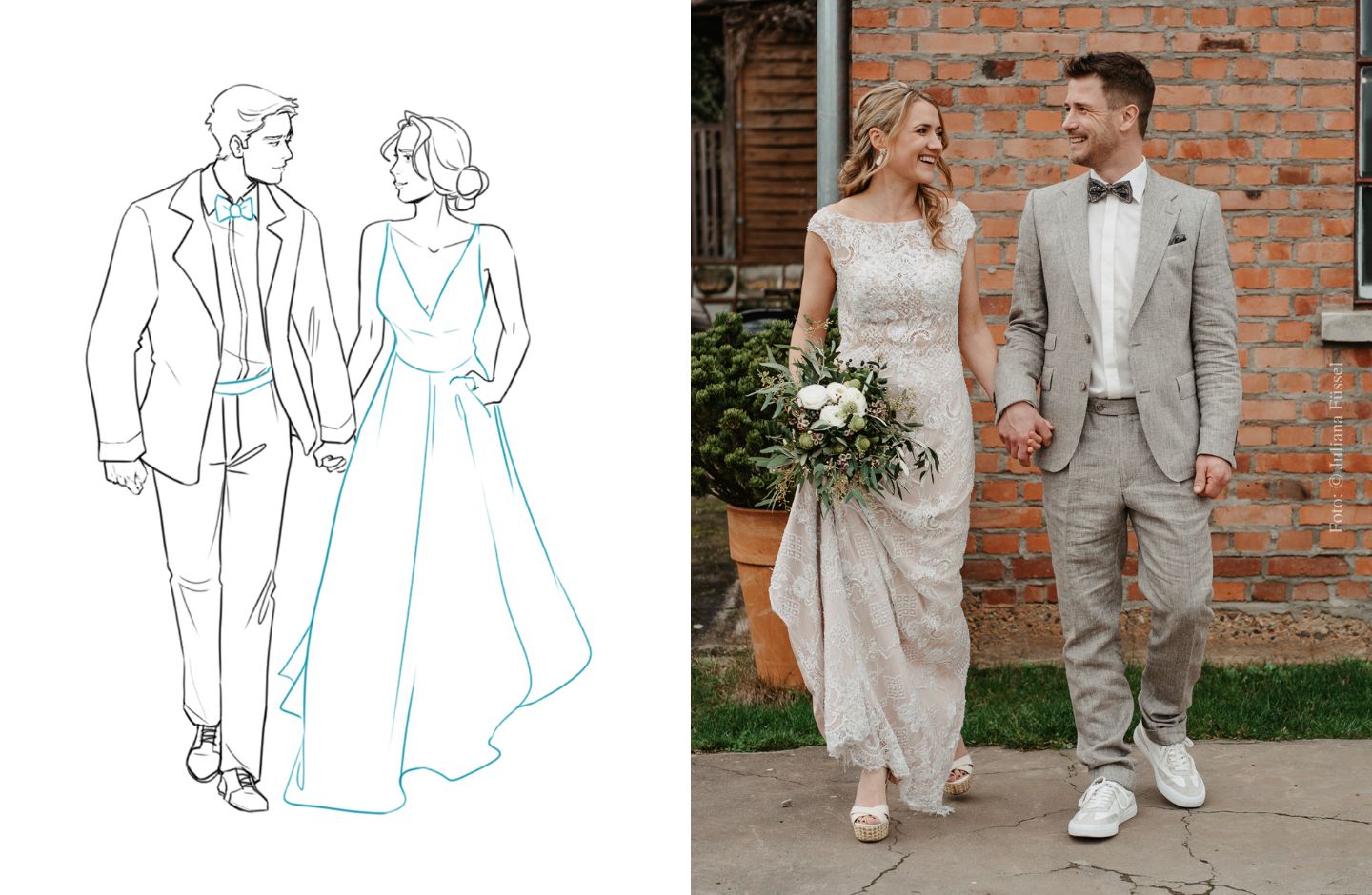 Collage Zeichnung/Foto: Hochzeitspaar nach der Trauung Hand in Hand