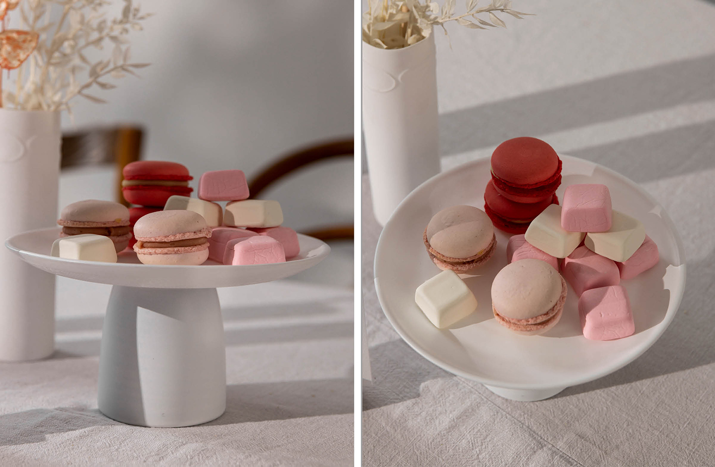 Macarons und Marshmallons dekoriert auf selbst gemachter Dekoschale. 