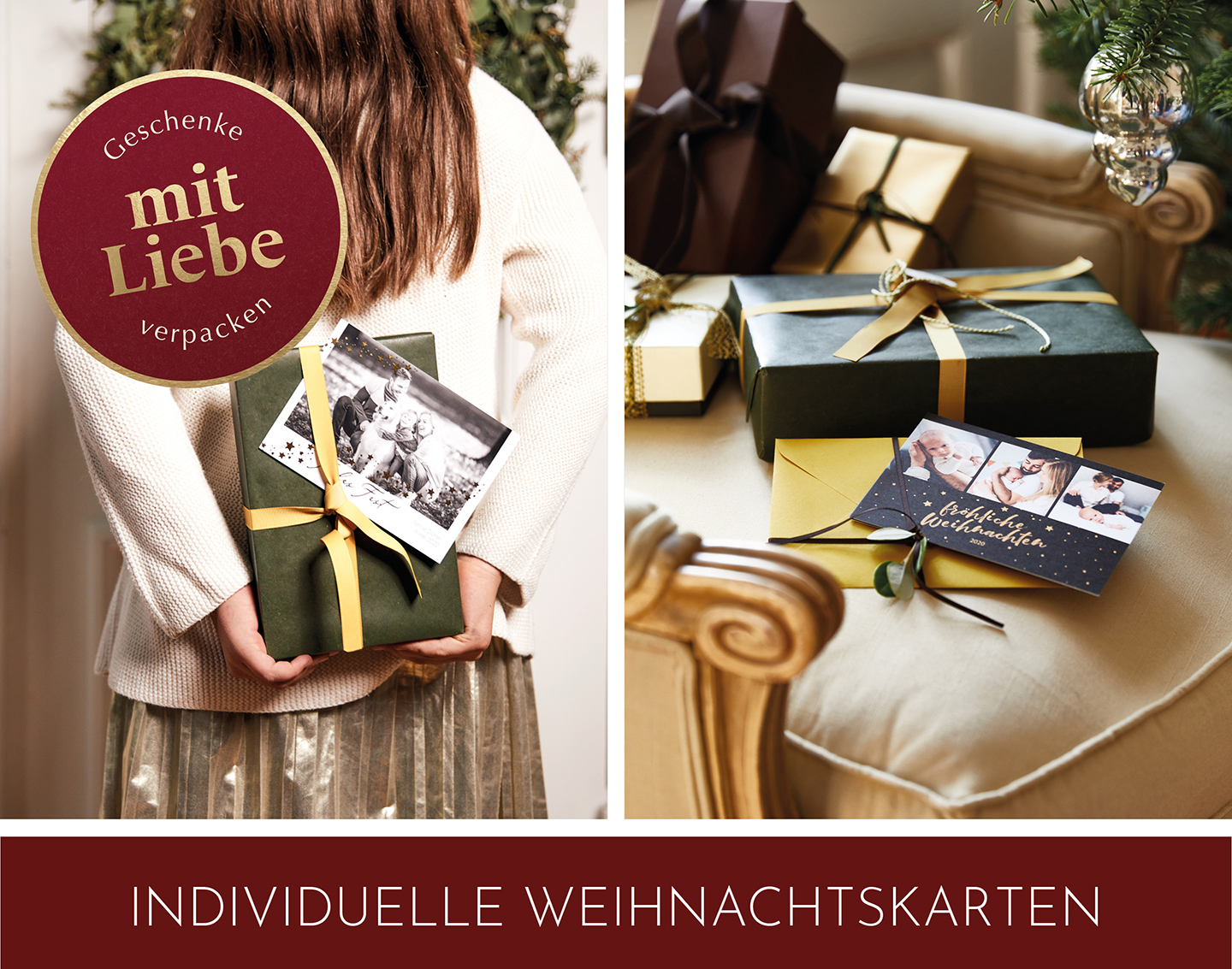 Individuelle Weihnachtskarten personalisiert mit LIeblingsfotos und Goldfolie.