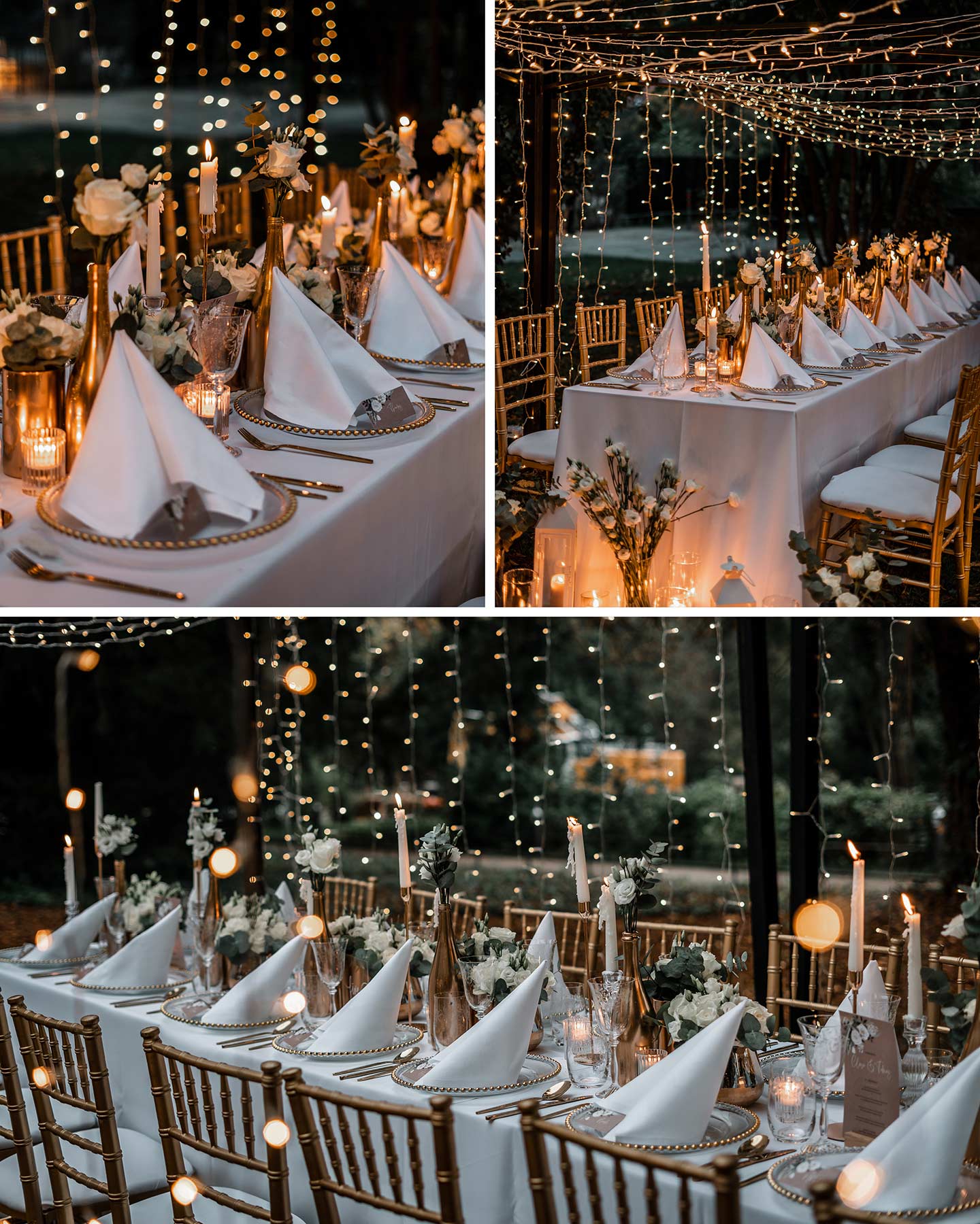 Die Hochzeitstafel erstrahlt im Halbdunkeln unter den vielen Lichtern der Lichterketten und ist bereit für die Gäste.