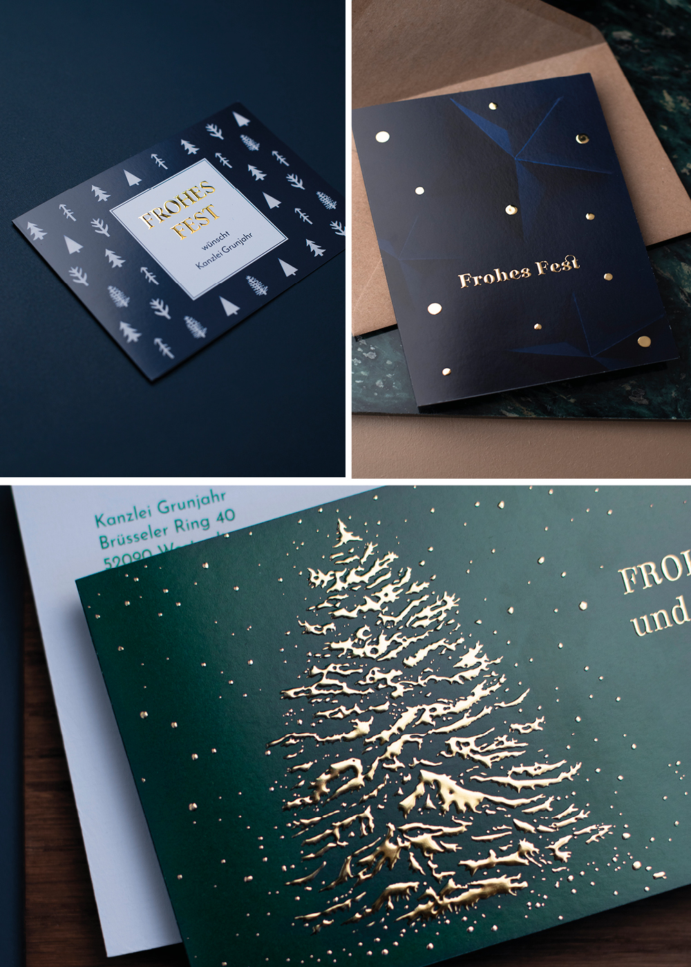 Ausgefallene Weihnachtskarten in Dunkelgrün und Blau mit hochwertiger Folienveredelung in Gold.