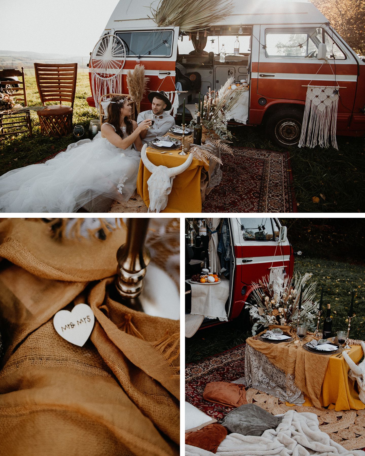 Brautpaar picknickt vor Hochzeitsbulli im Bohostil mit Traumfängern und Makramee-Elementen.