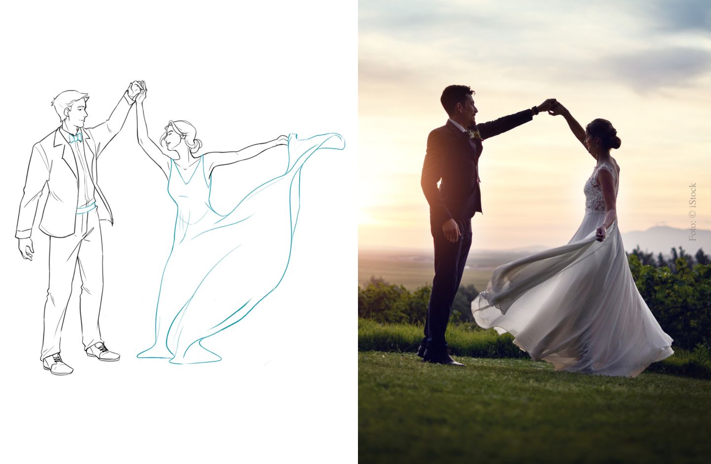 Collagr Zeichnung/Foto: Brautpaar beim Tanz im Freien