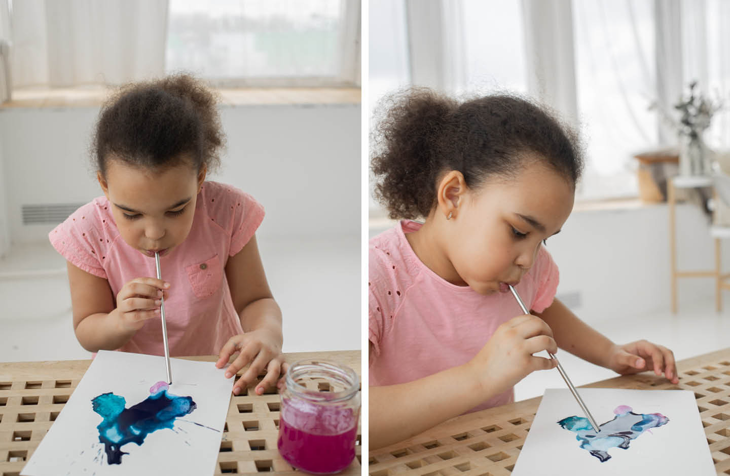 Kreative Idee für den Kindergeburtstag für Meerjungfrauen: Mit Wasserfarben und Trinkhalm Meerestiere pusten